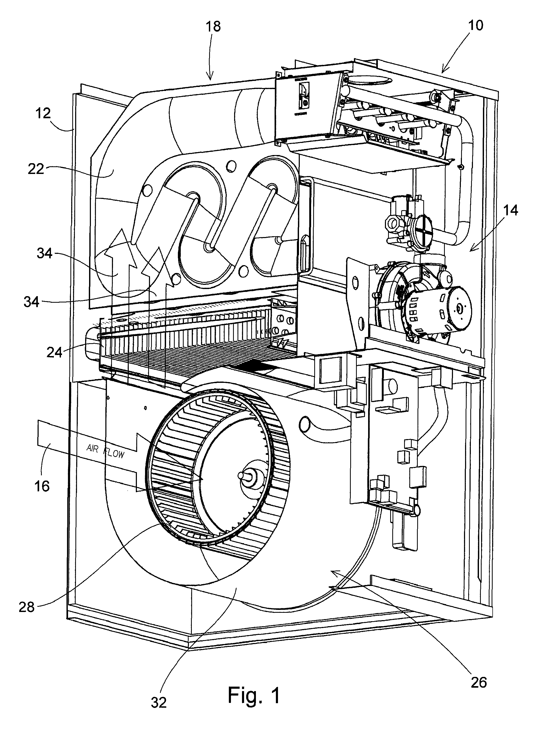 High efficiency furnace having a blower housing with an enlarged air outlet opening