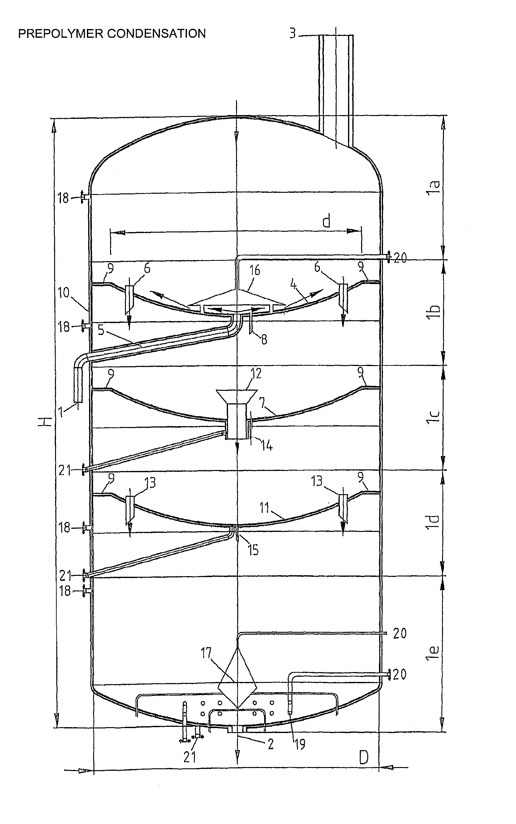 Modular device for the continuous degassing and production of polymer precondensate with high reaction product surface to volume ratio with gentle treatment of the reaction product mass