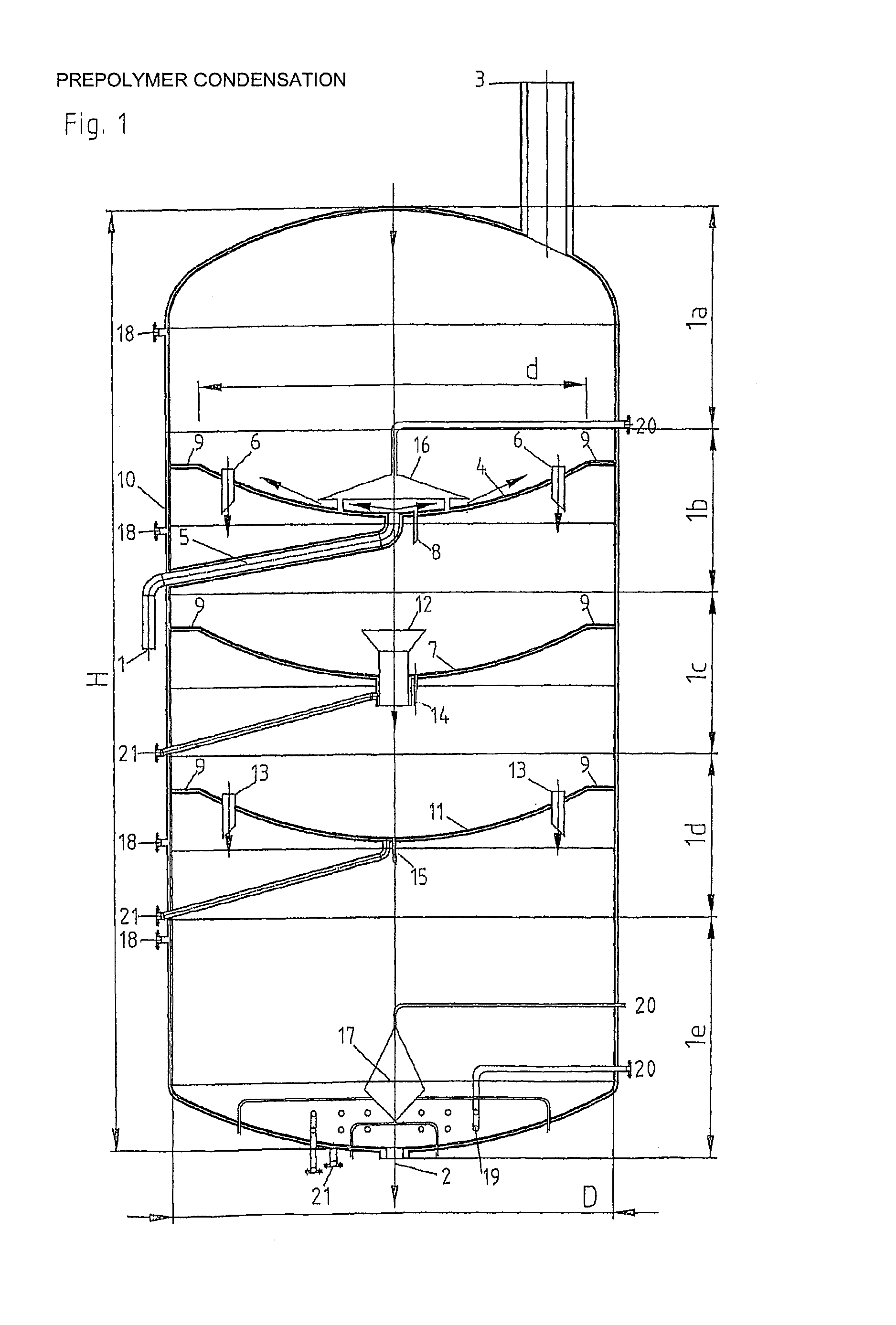Modular device for the continuous degassing and production of polymer precondensate with high reaction product surface to volume ratio with gentle treatment of the reaction product mass