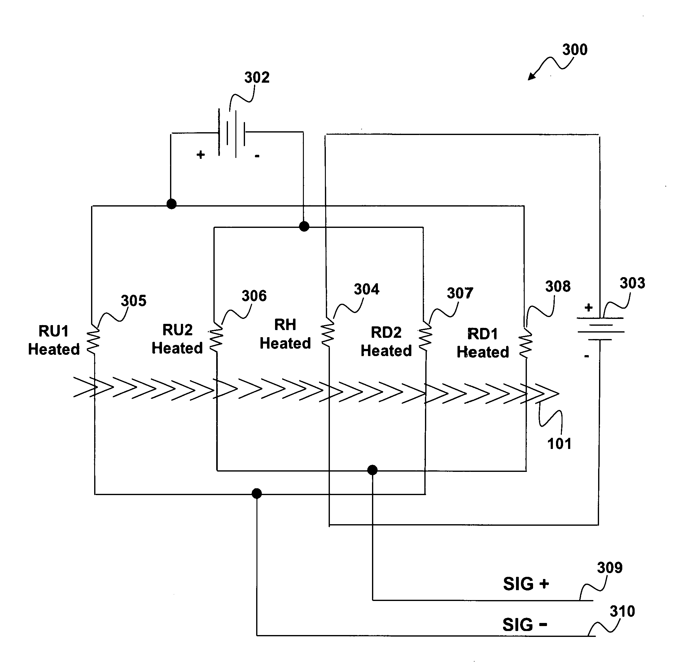 Mass airflow sensing system including resistive temperature sensors and a heating element