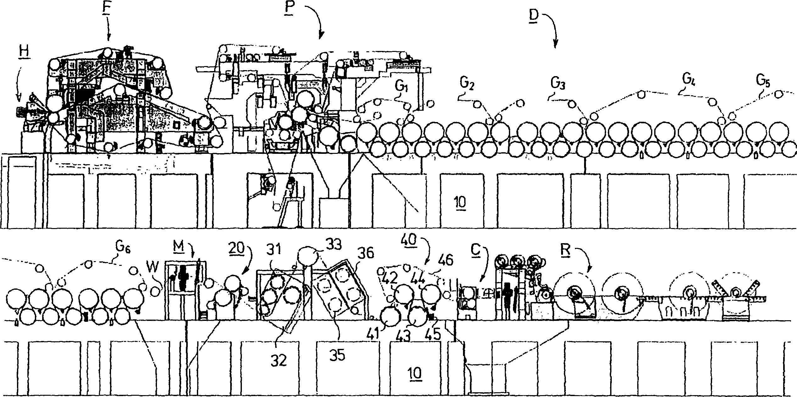 Method for control of the curl of paper in the treatment of surface-sized paper, and finishing section of a paper machine