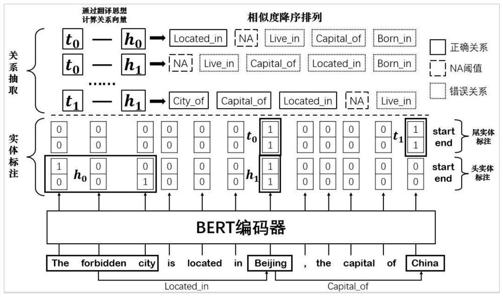 Entity and relation joint extraction system based on translation mechanism and use method