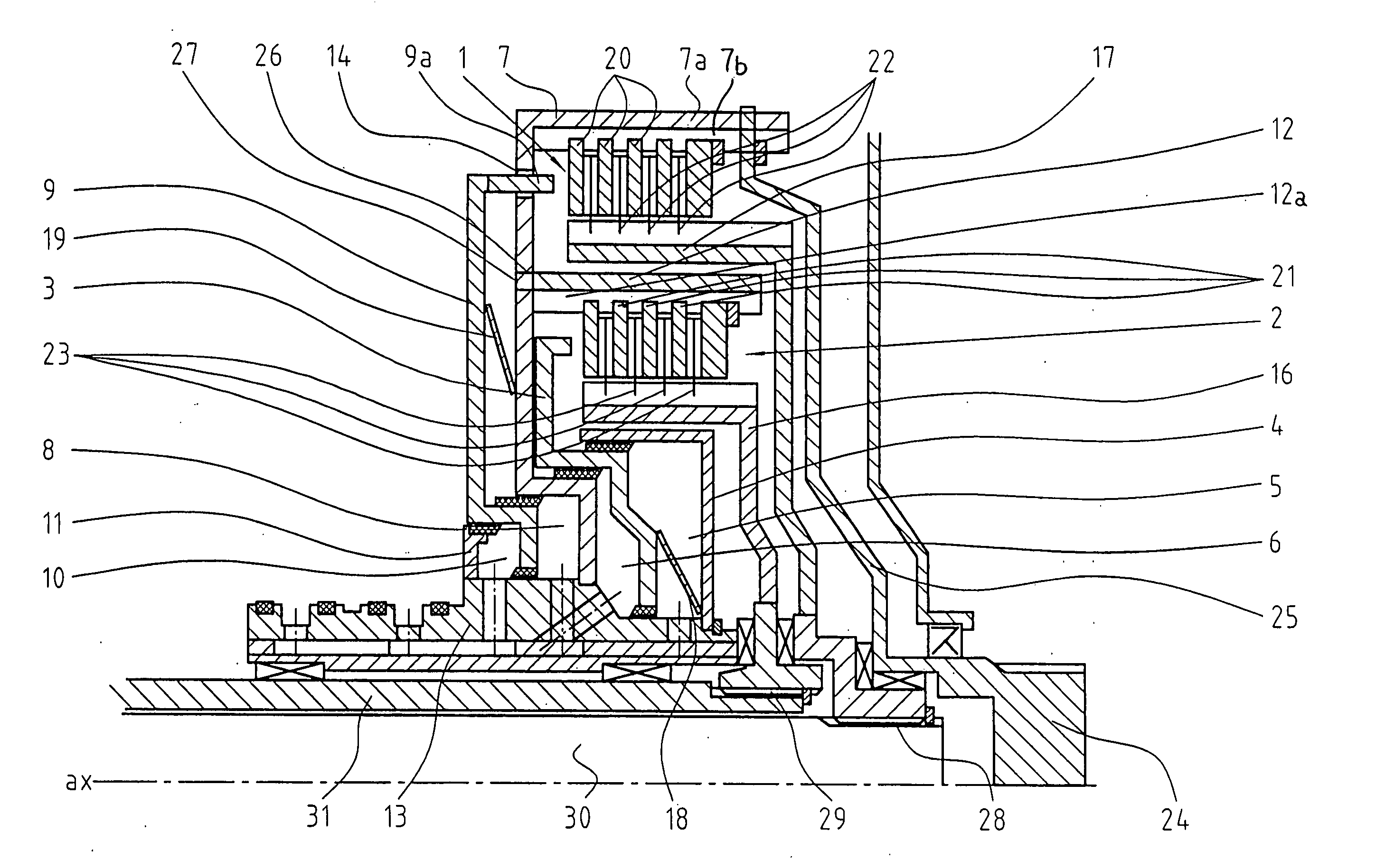 Dual clutch transmission with radially nested clutches having a common disk carrier