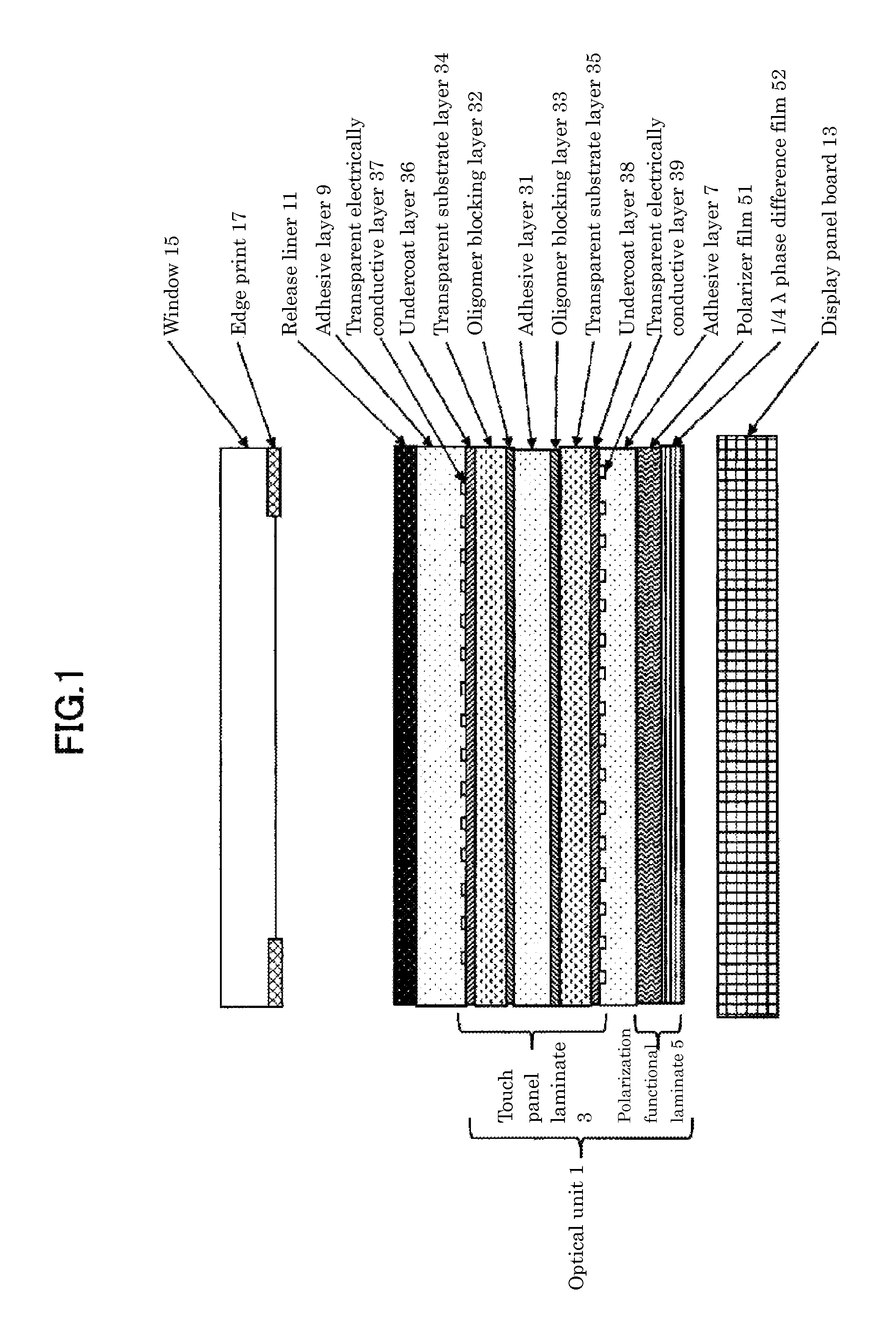 Display panel device with touch input function, optical unit for said display panel device, and production method for same