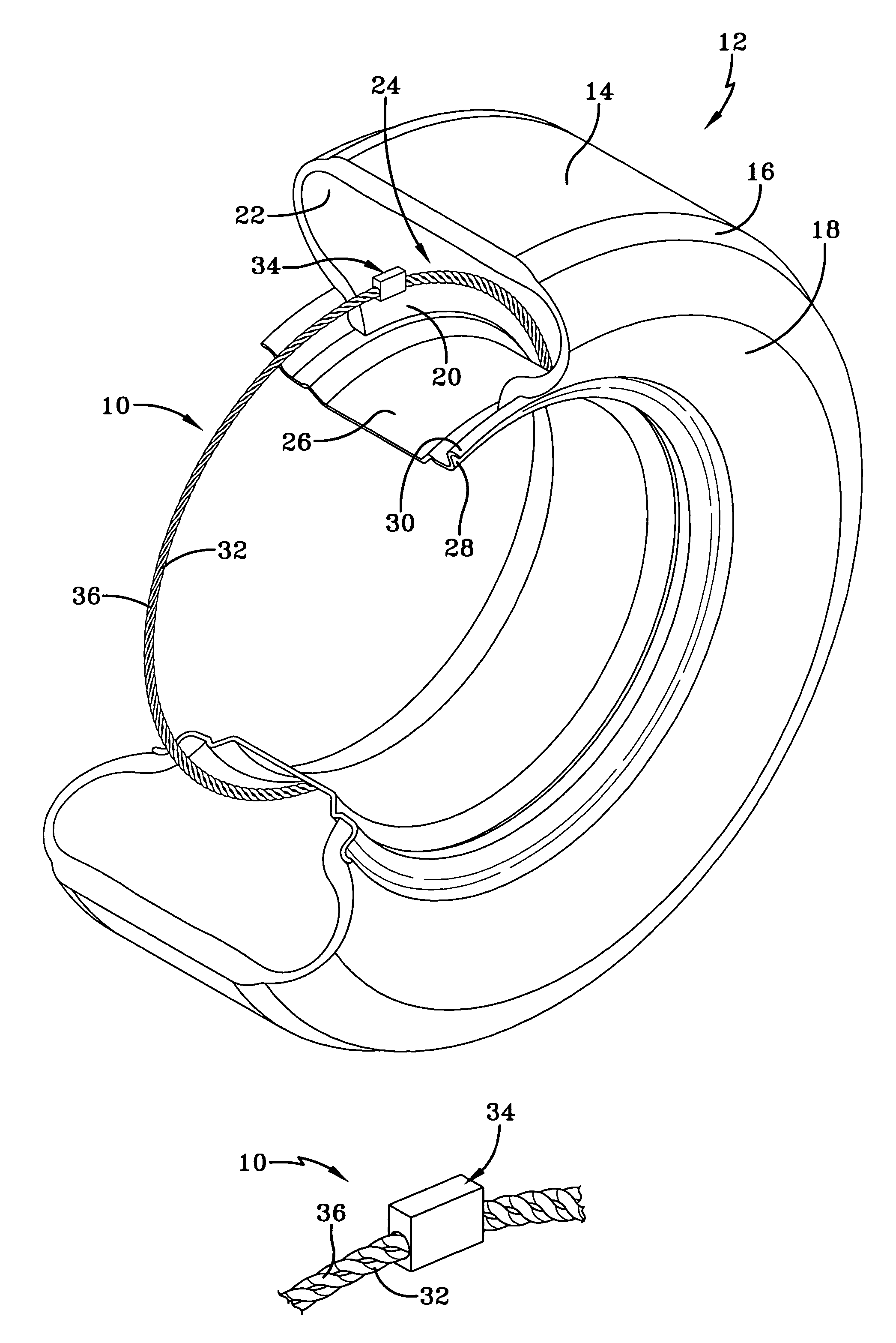 Flexible tinsel ribbon antenna and assembly method for a tire