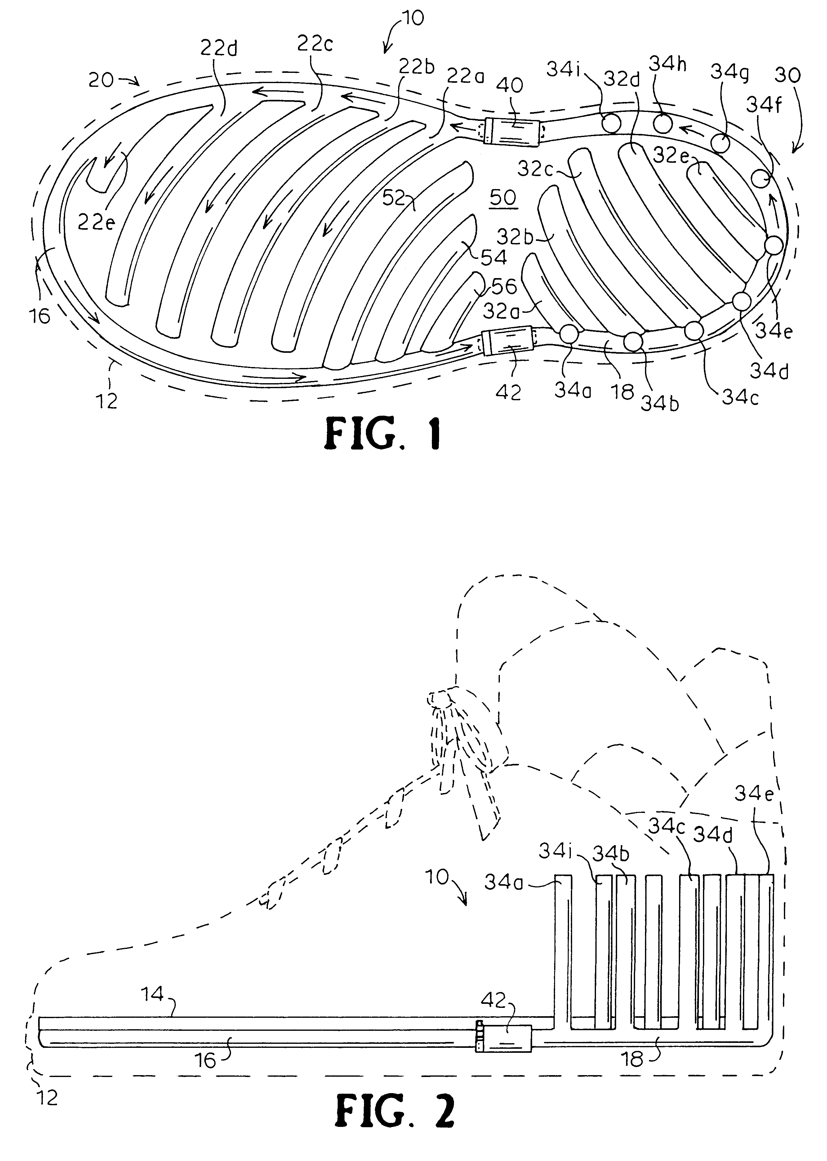 Method and apparatus for fluid flow transfer in shoes