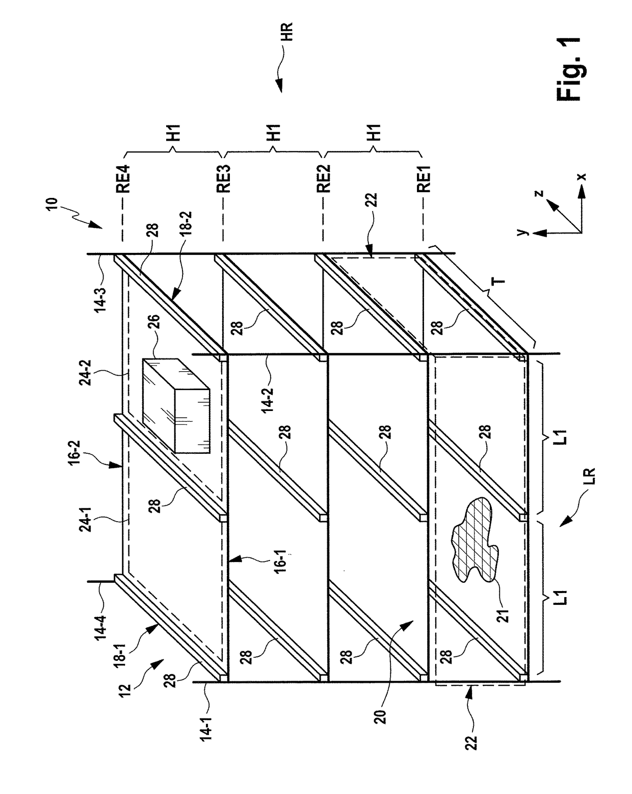 System formed by shelving unit and corresponding telescopic load receiving means without width adjustment