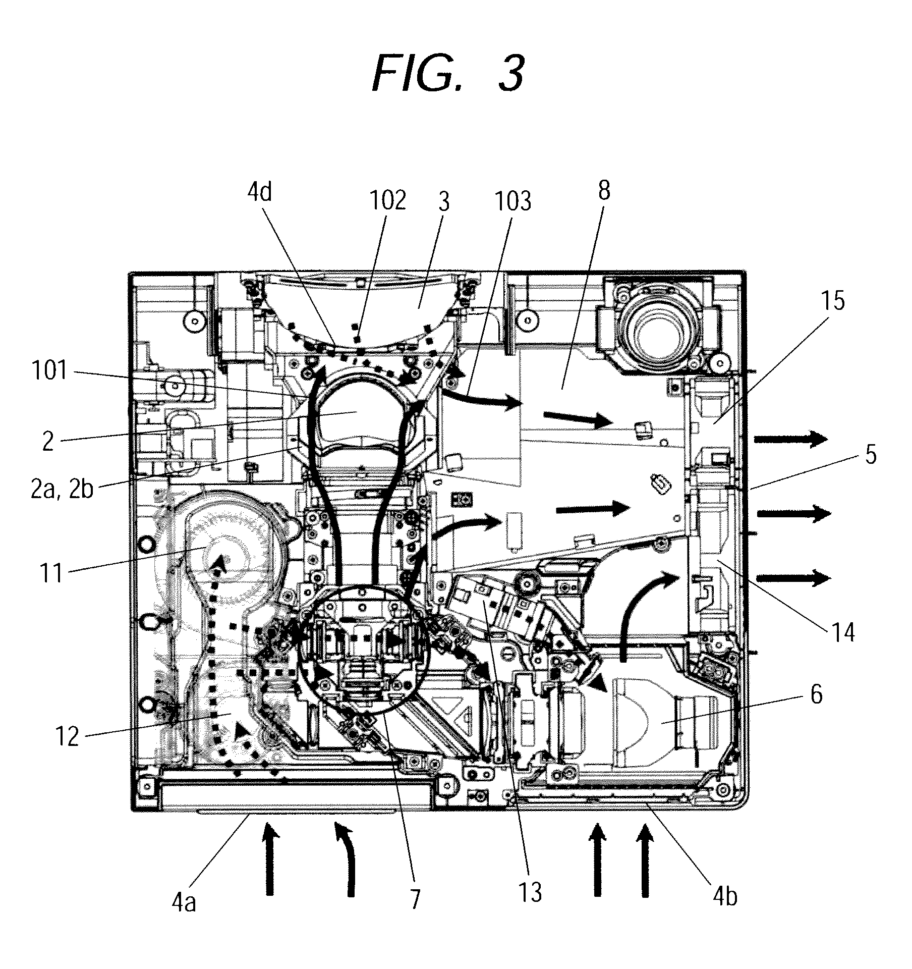 Projection image displaying device with openings around its projection lens and mirror