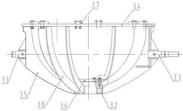 An auxiliary welding device for tailor-welding hemispherical shells from equally divided melon petals