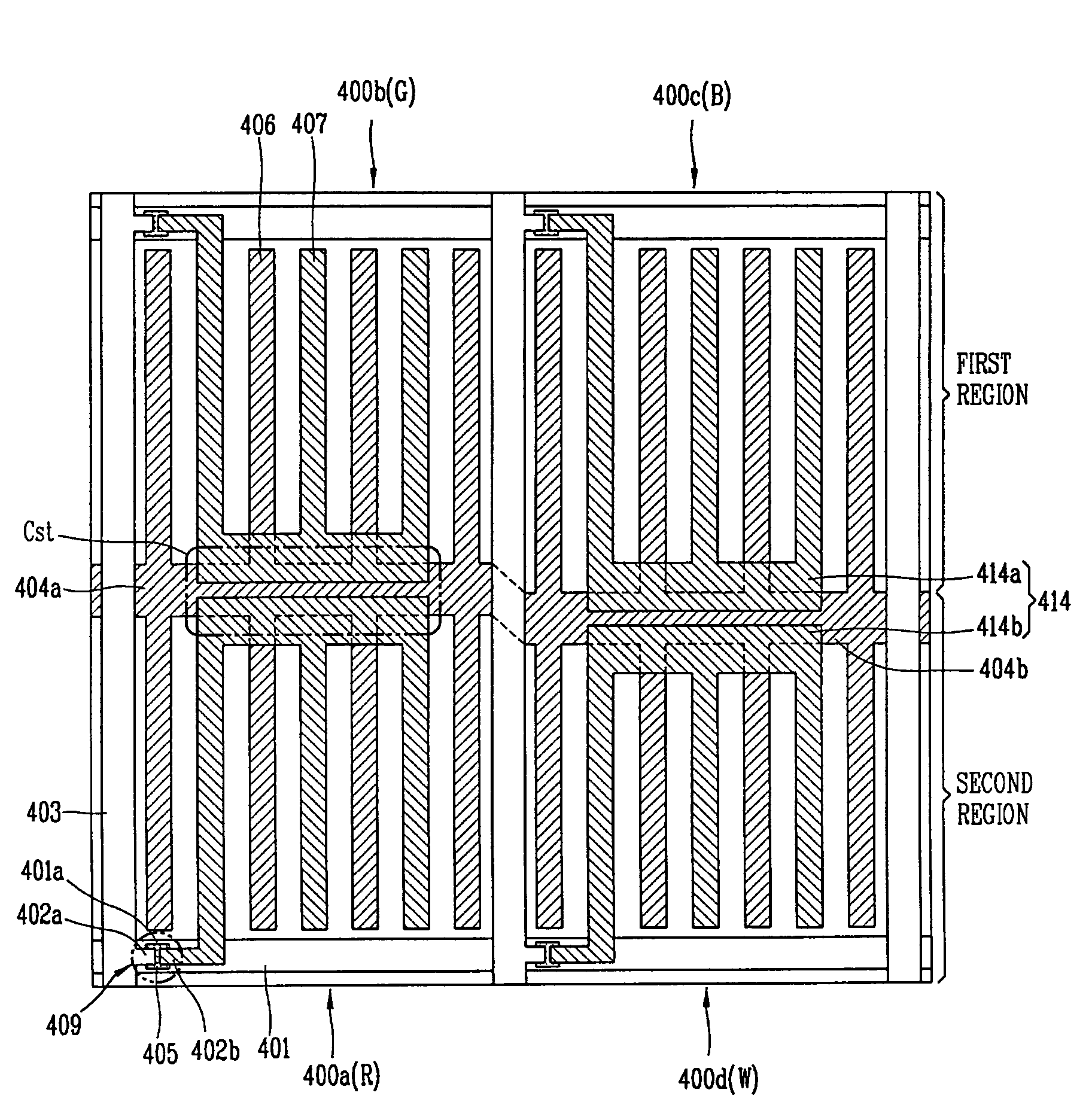 In Plane switching mode liquid crystal display device including 4 sub-pixels having different areas and fabrication method thereof