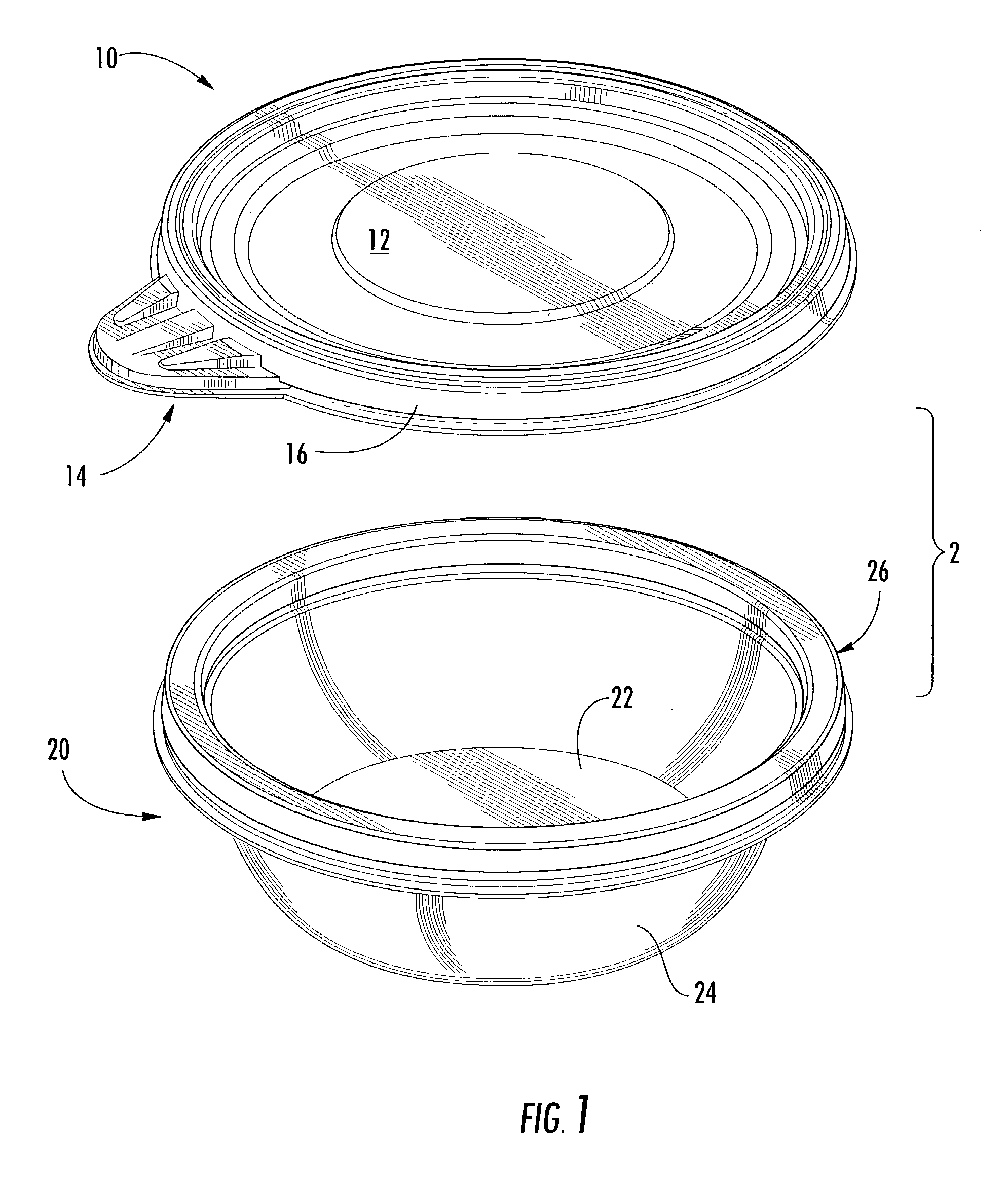 Container including a bowl and a lid each having interfitting lips
