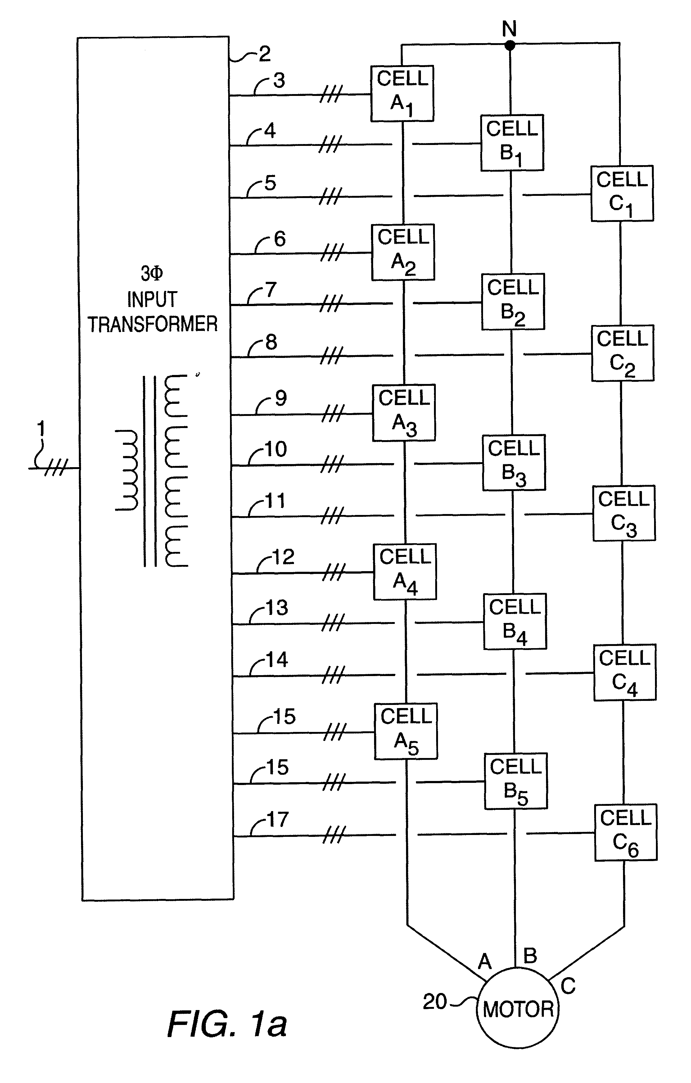 Multiphase power supply with series connected power cells with failed cell bypass