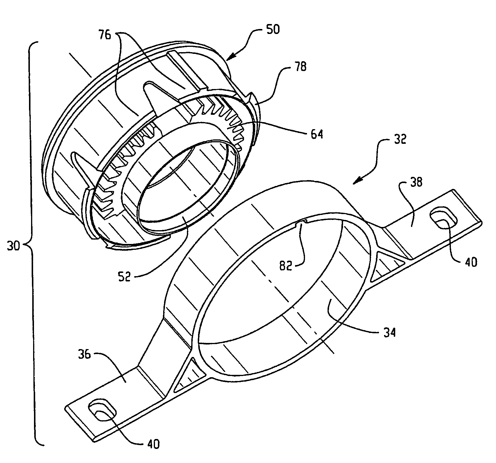 Plastic quick-snap centerbearing isolator mount and method of manufacturing and assembling same