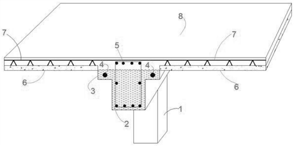 Tension end joint structure of laminated T-beam wing plate under assembled building plate and construction method