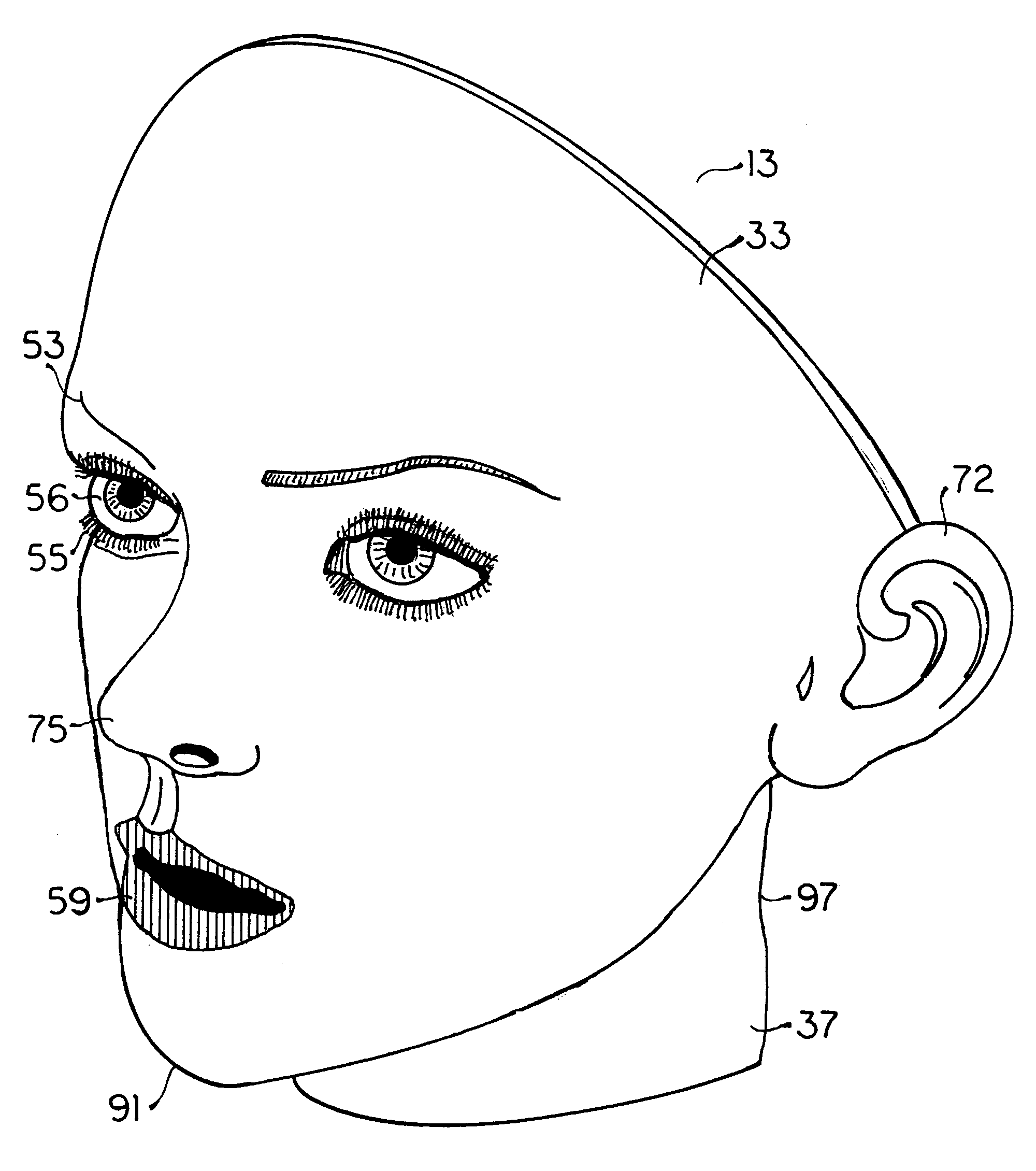 Full size fully articulated doll with selectively displayed alterative faces