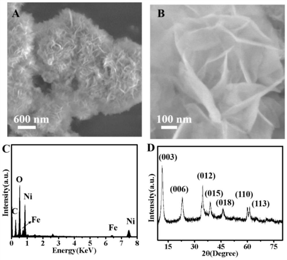 Two-dimensional FeNi3/NiFe-MMOs heterostructure material and preparation method and application thereof