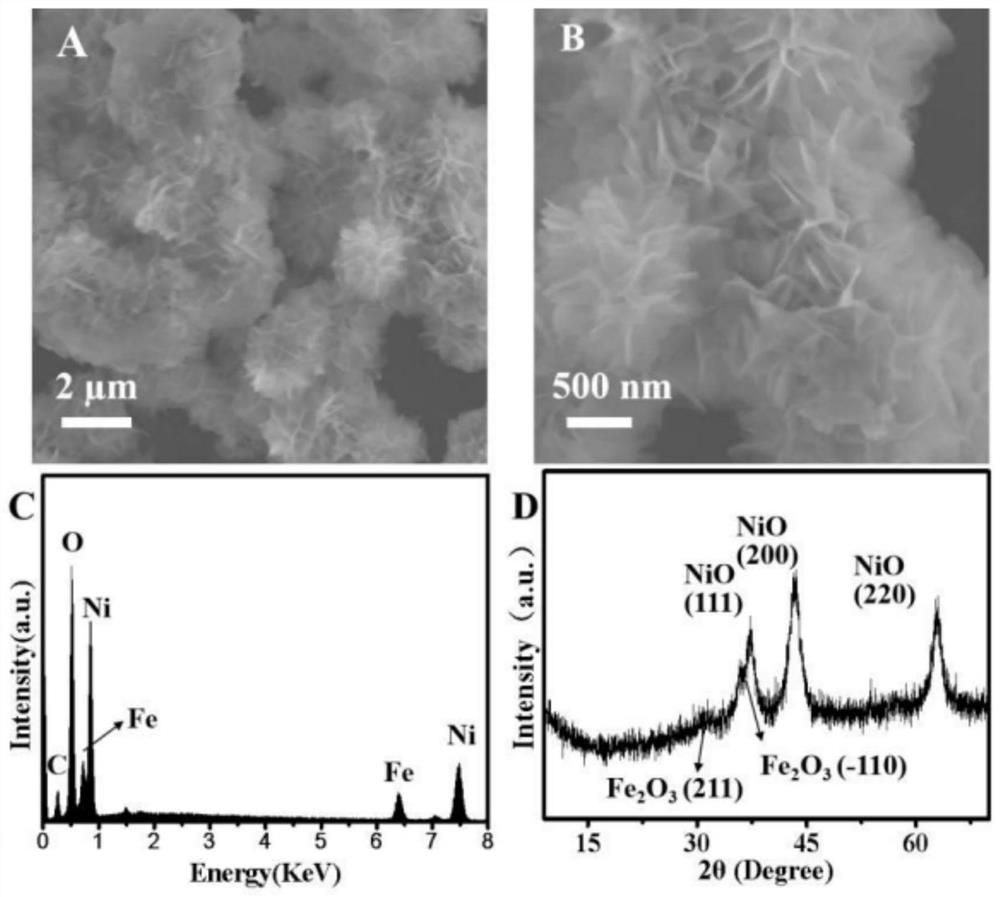 Two-dimensional FeNi3/NiFe-MMOs heterostructure material and preparation method and application thereof