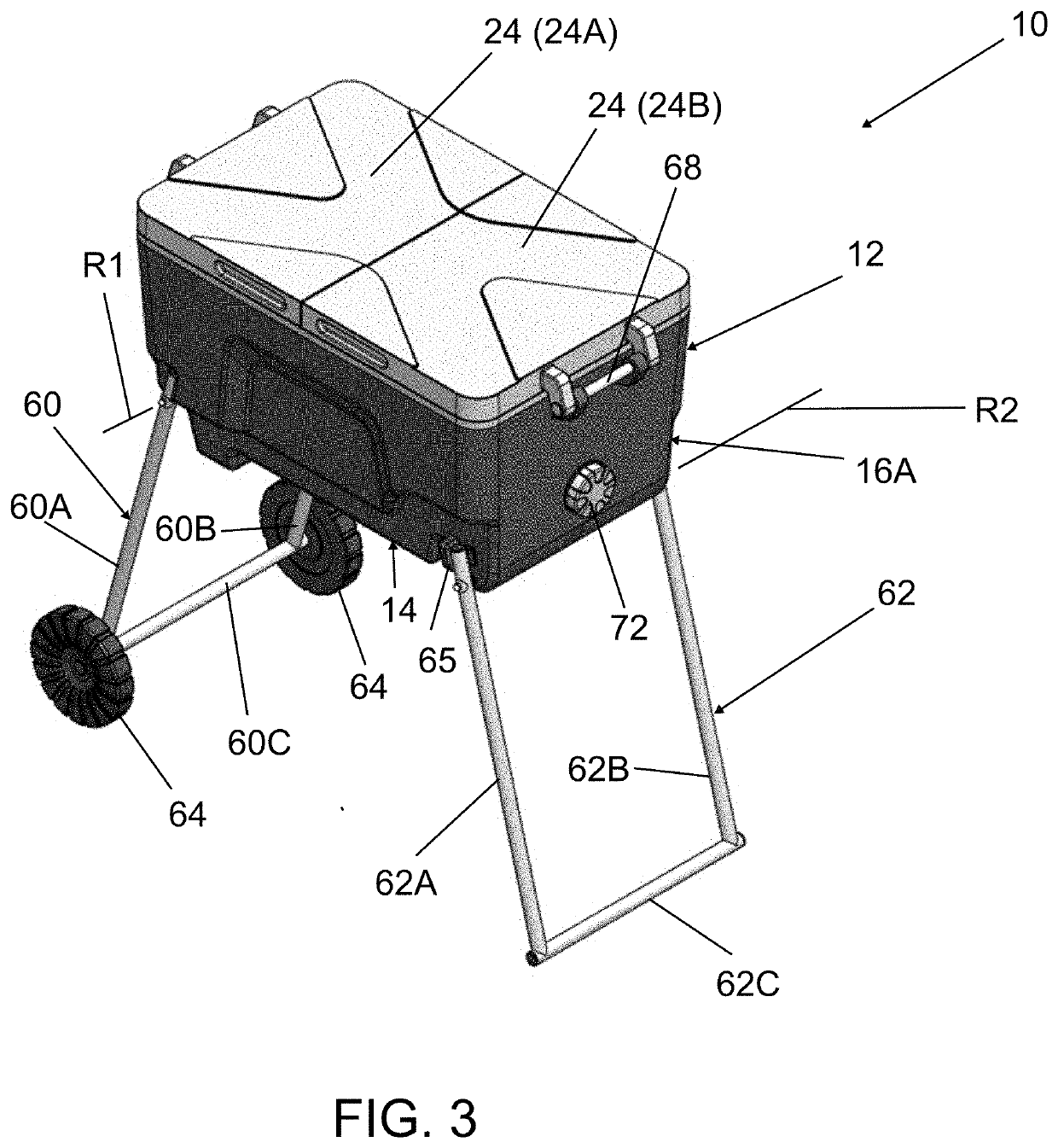 Portable rigid cooler and beverage dispenser with legs that extend and retract