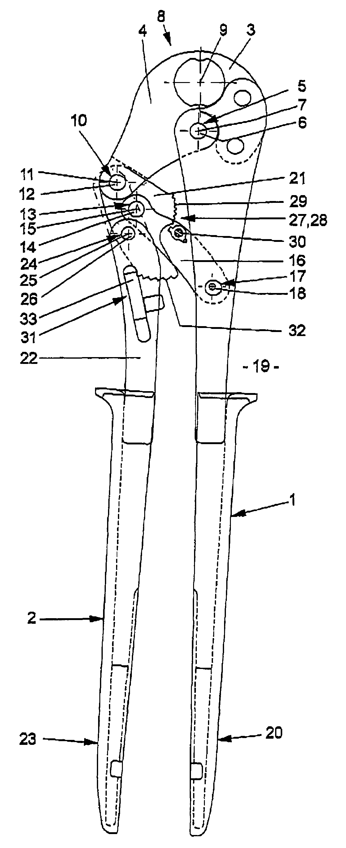 Pliers for crimping work pieces