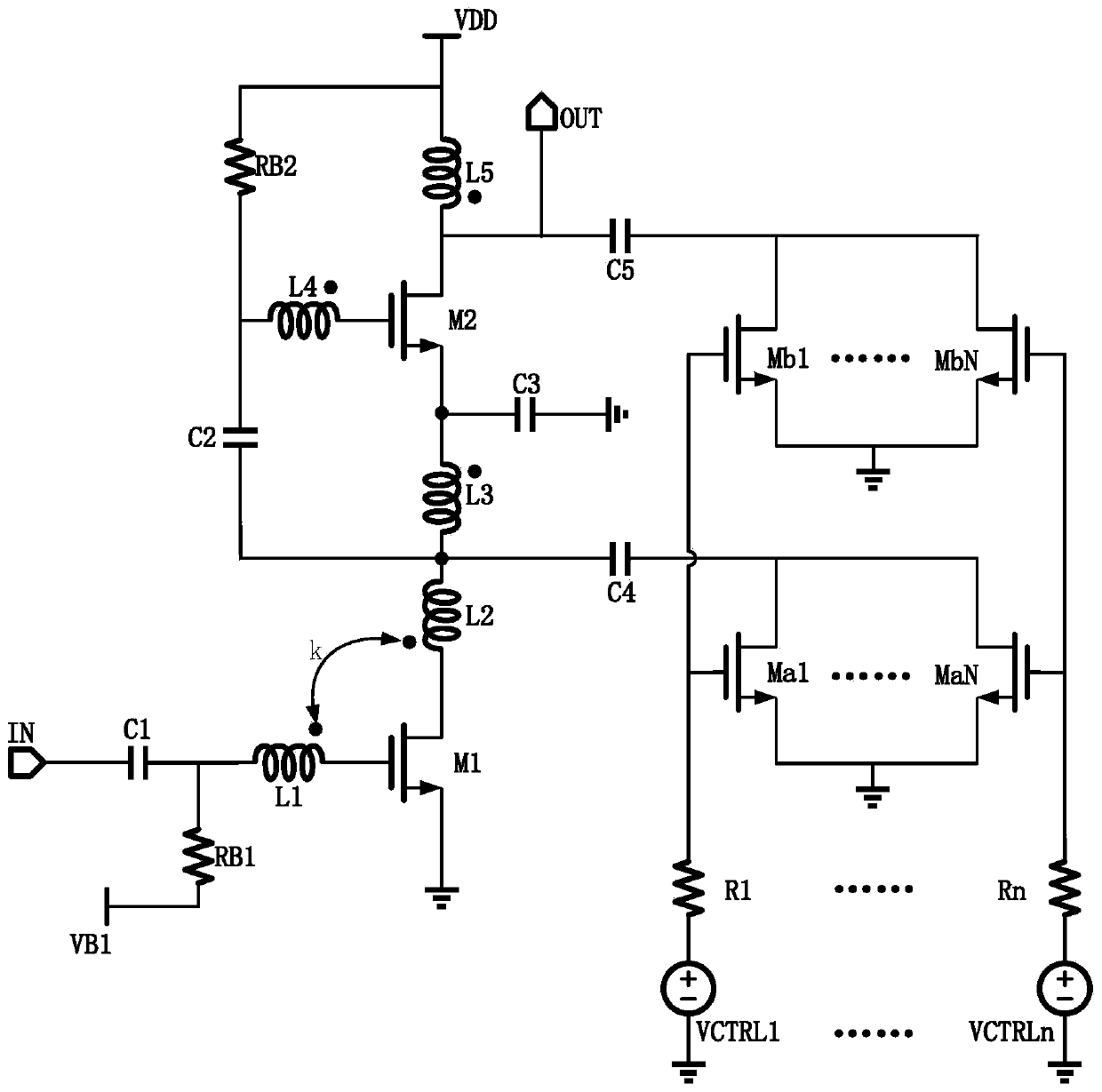Variable-gain low-noise amplifier with broadband flat gain