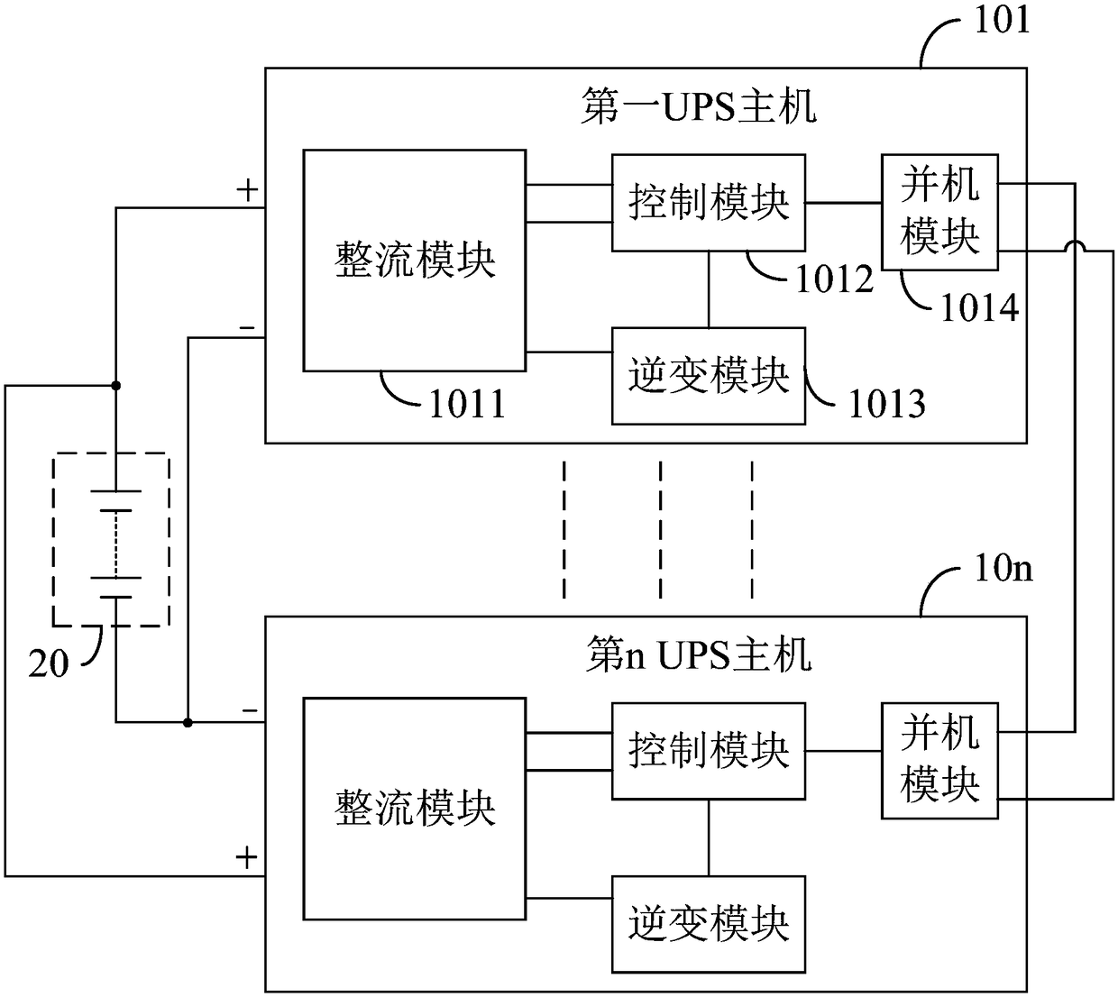 UPS system sharing battery pack and control method thereof