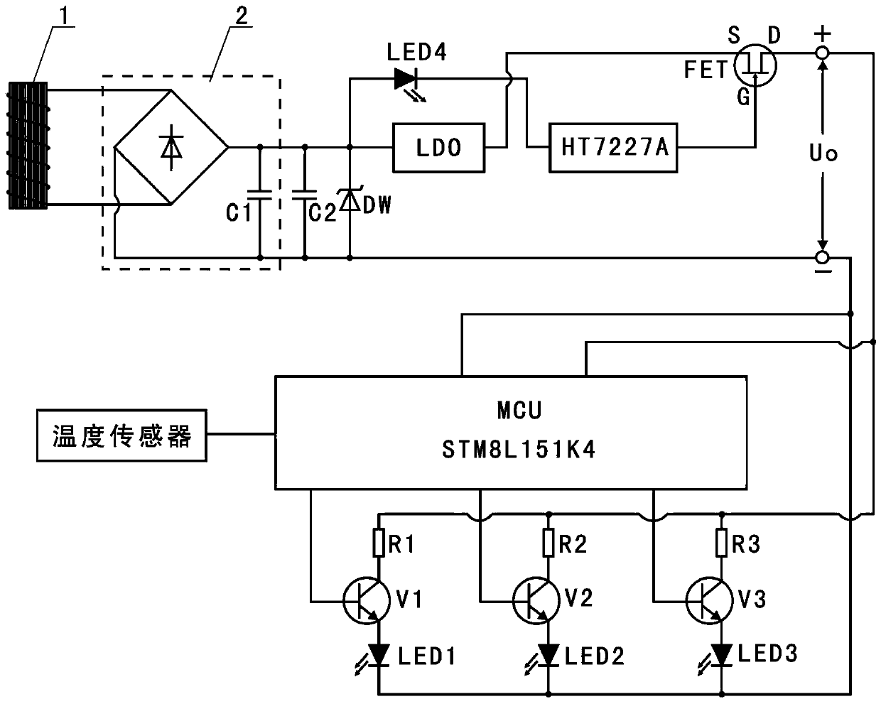 Micro-current induction power supply type temperature measuring and alarming device and temperature measuring and alarming method