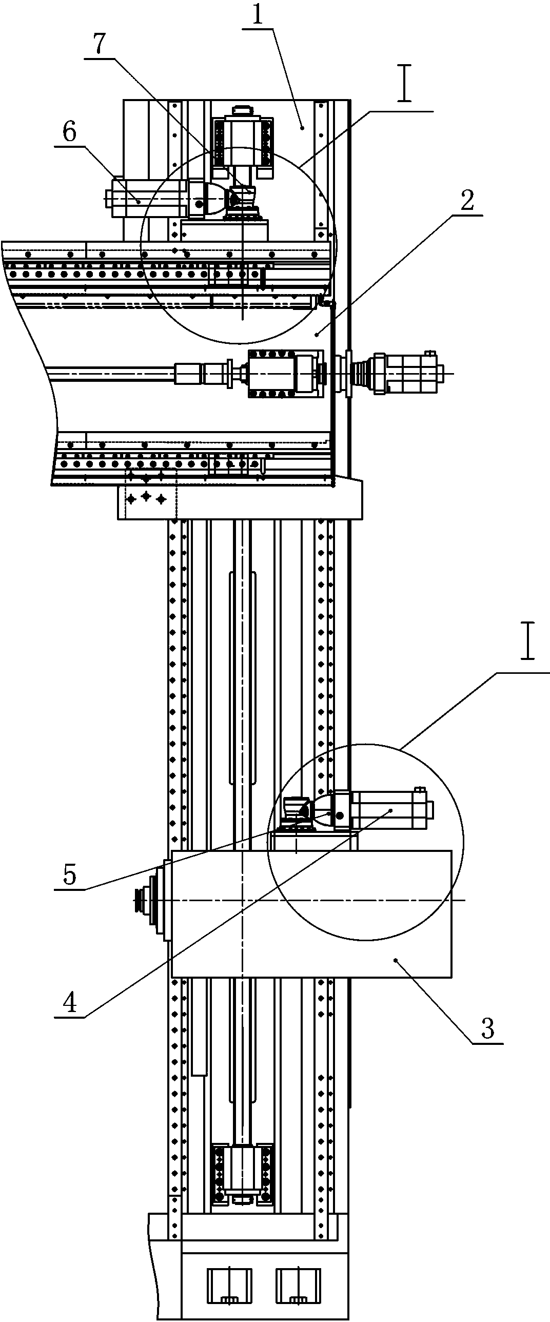 Guide rail and ball screw structure for lifting of both cross beam and horizontal boring and milling heads at two sides