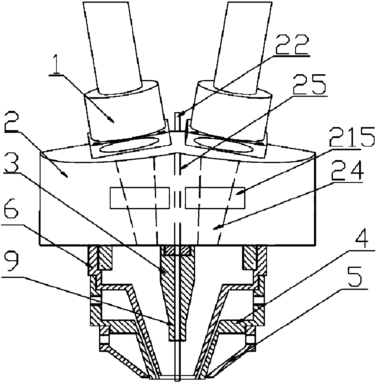 Central powder conveying-type expandable multi-beam laser cladding head and application thereof