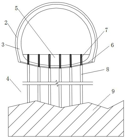 Anti-settlement structure for large-section tunnel base under loose rock heap body stratum and construction method