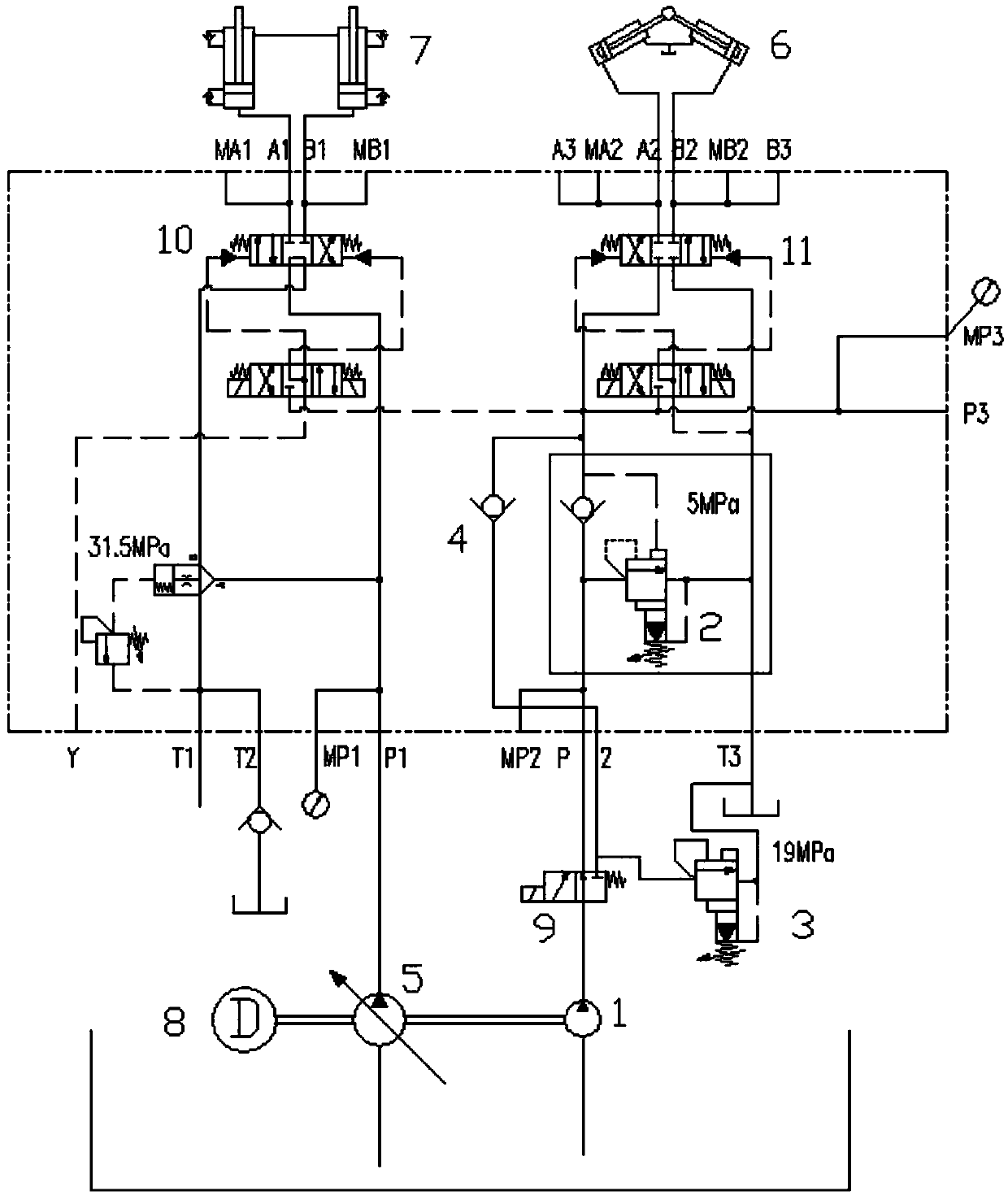 Novel oscillating cylinder hydraulic system of boom pump truck and concrete pump truck