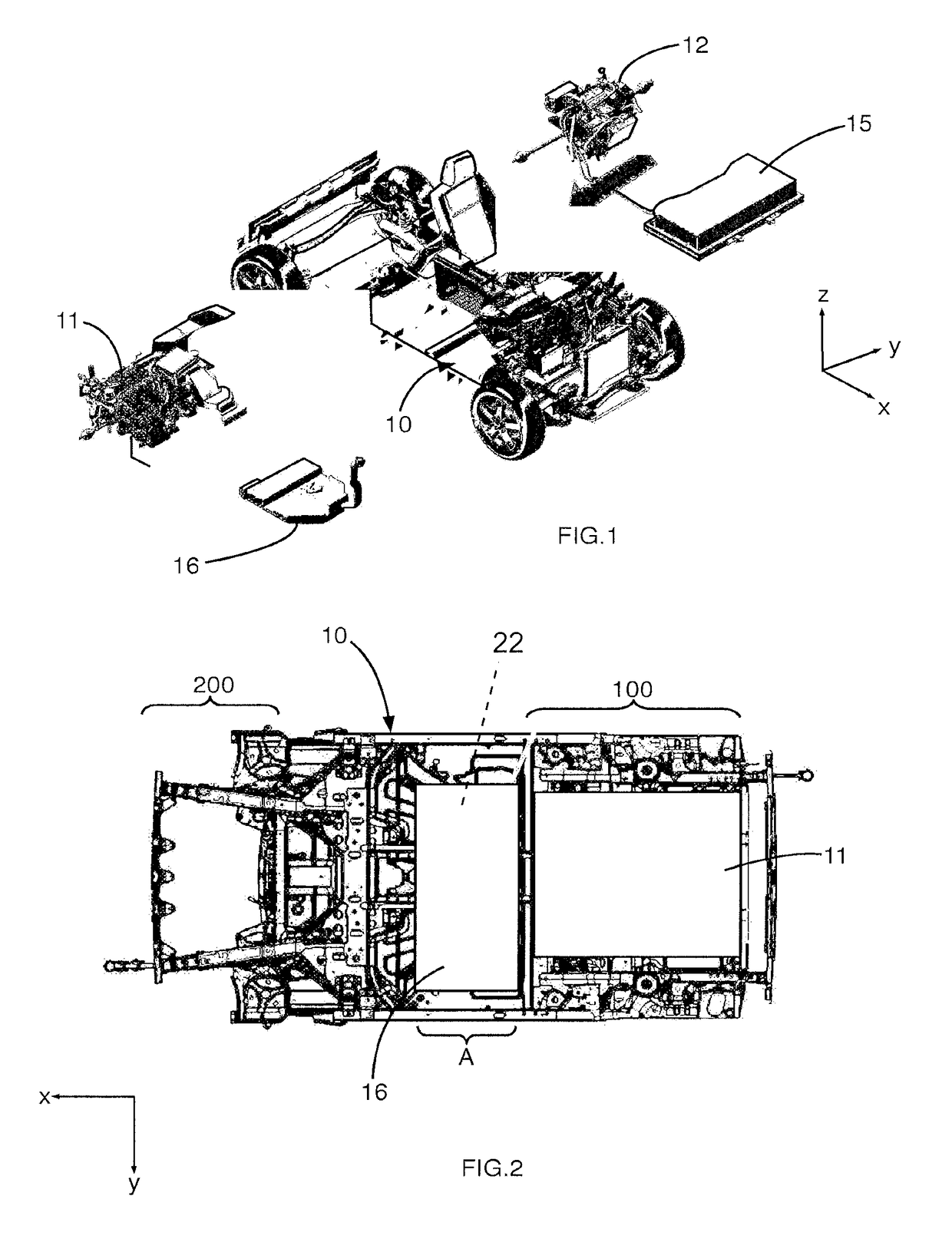 Underbody for the co-installation of an electric engine and a heat engine