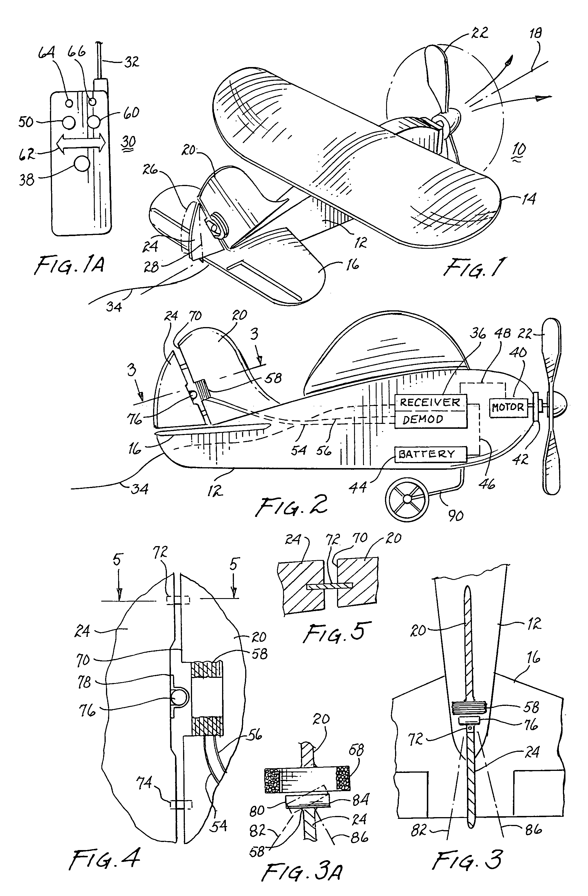 Remotely controlled model airplane having deflectable centrally biased control surface