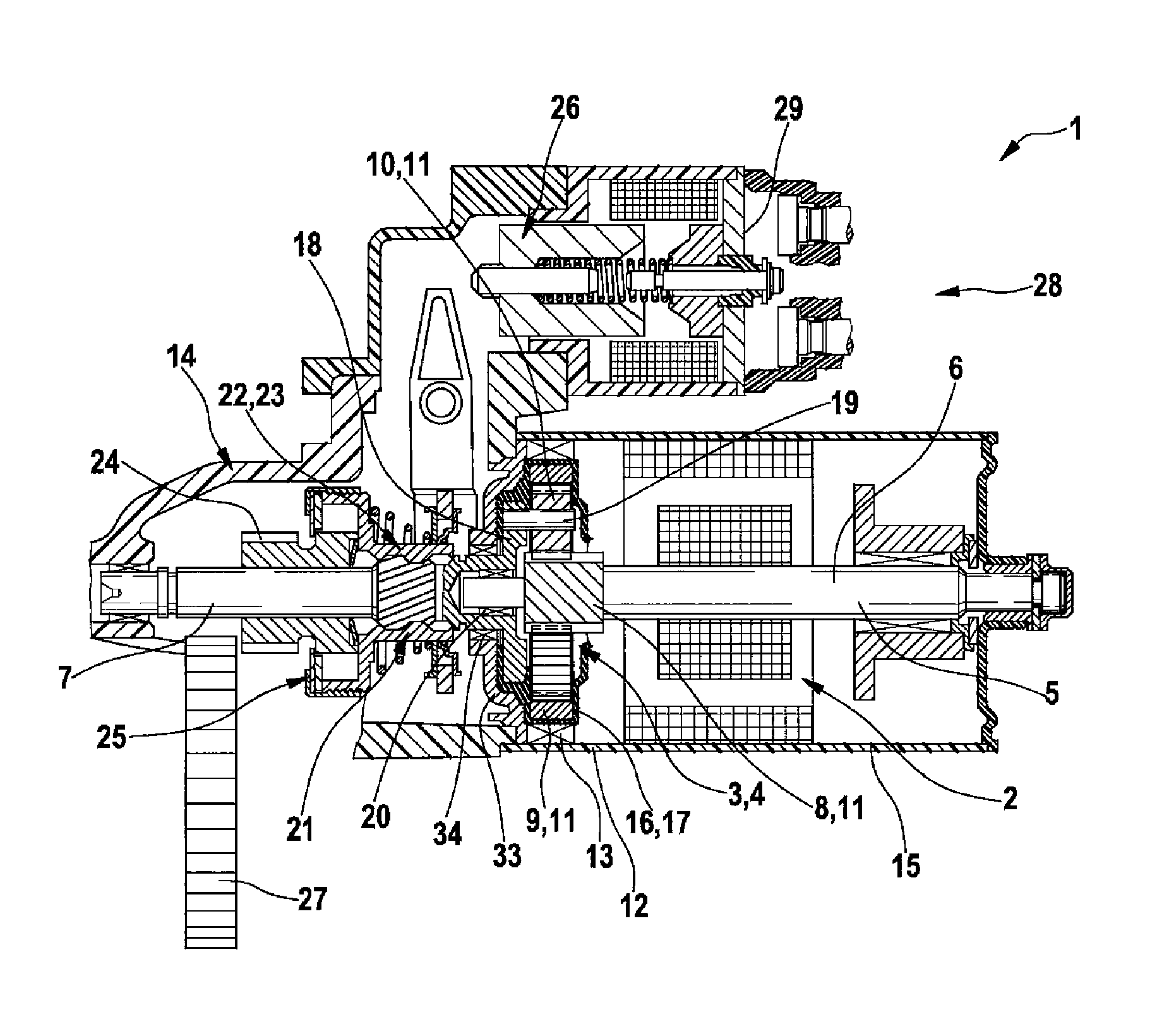 Reducing gear and starter device of an internal combustion engine