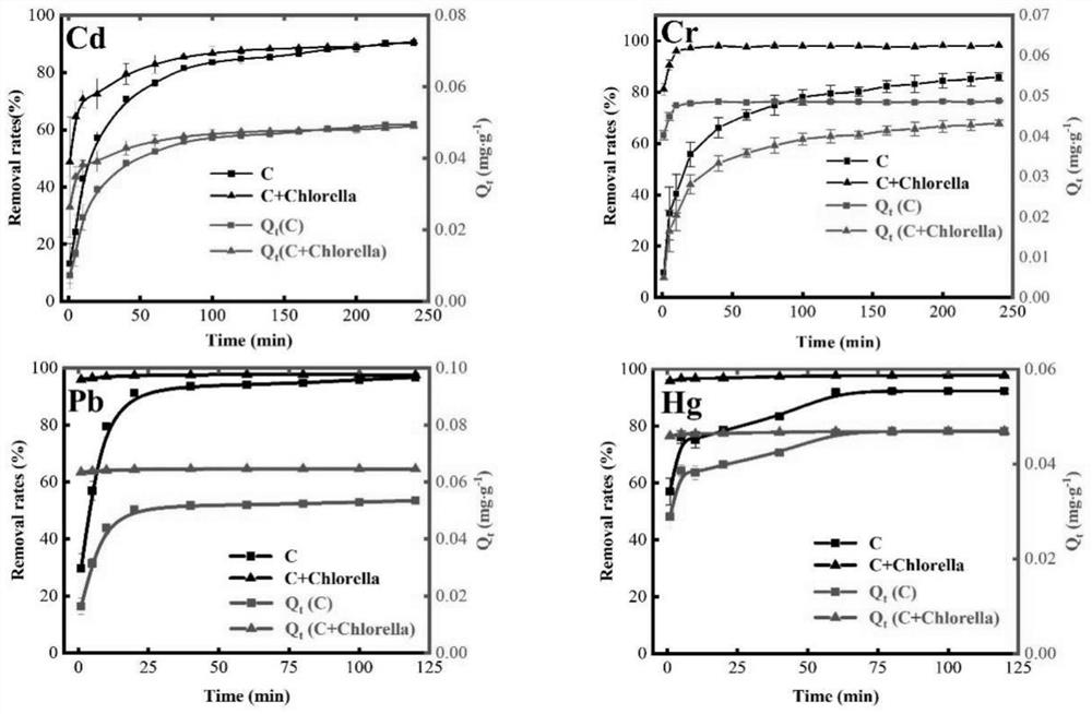 Novel chlorella-loaded coconut shell activated carbon adsorbent as well as preparation method and application thereof