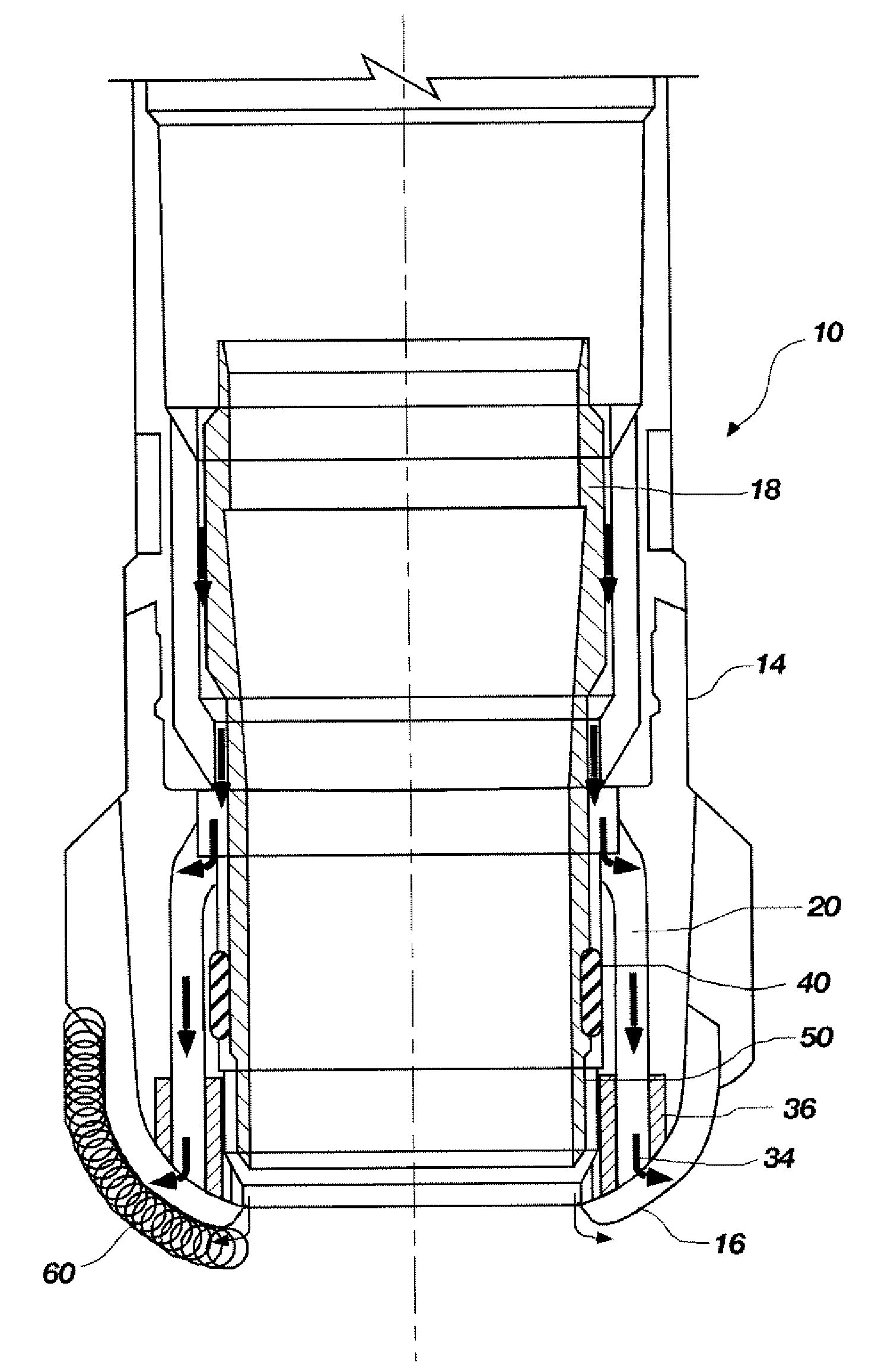 Core drill assembly with adjustable total flow area and restricted flow between outer and inner barrel assemblies