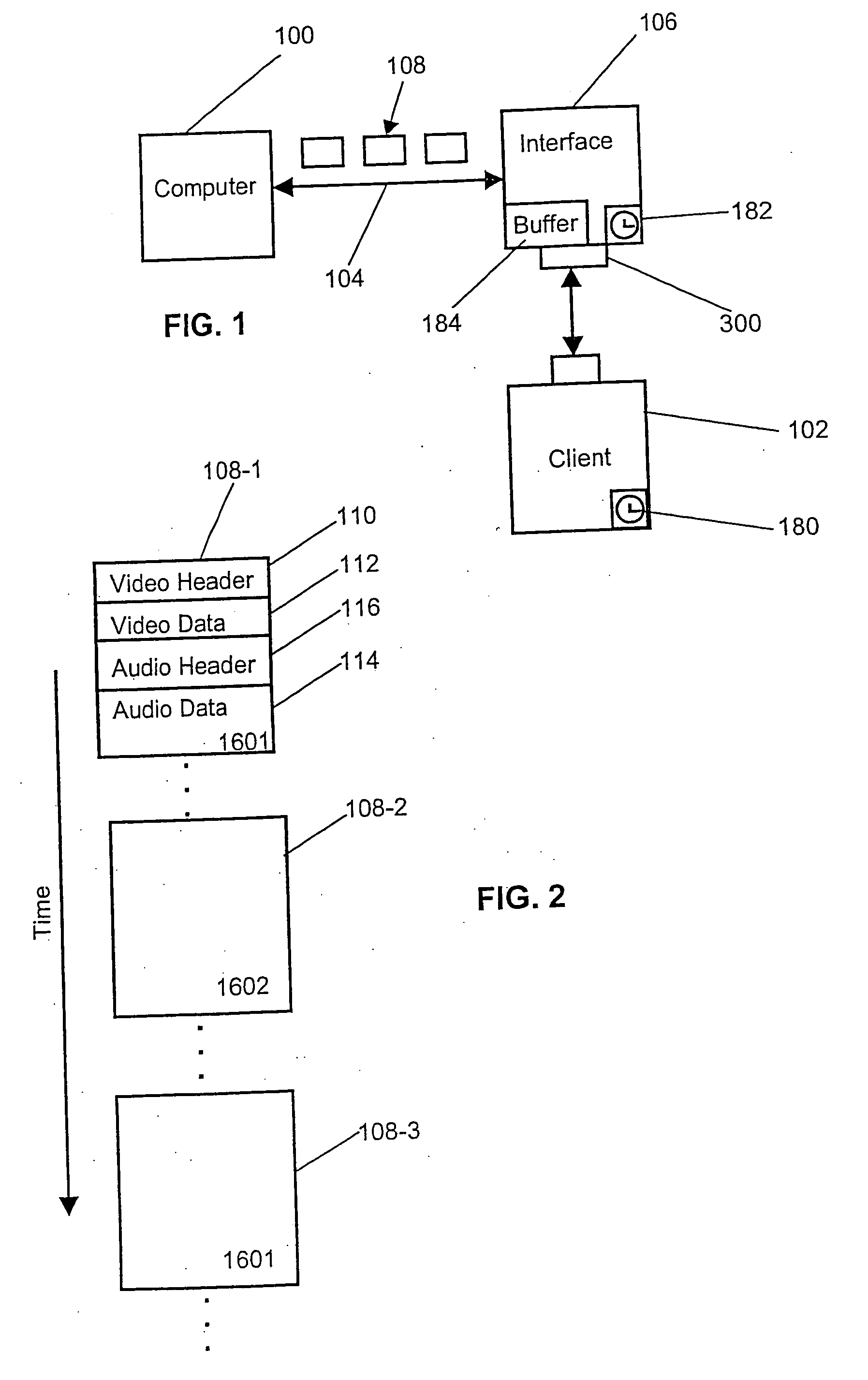 Synchronized transmission of audio and video data from a computer to a client via an interface
