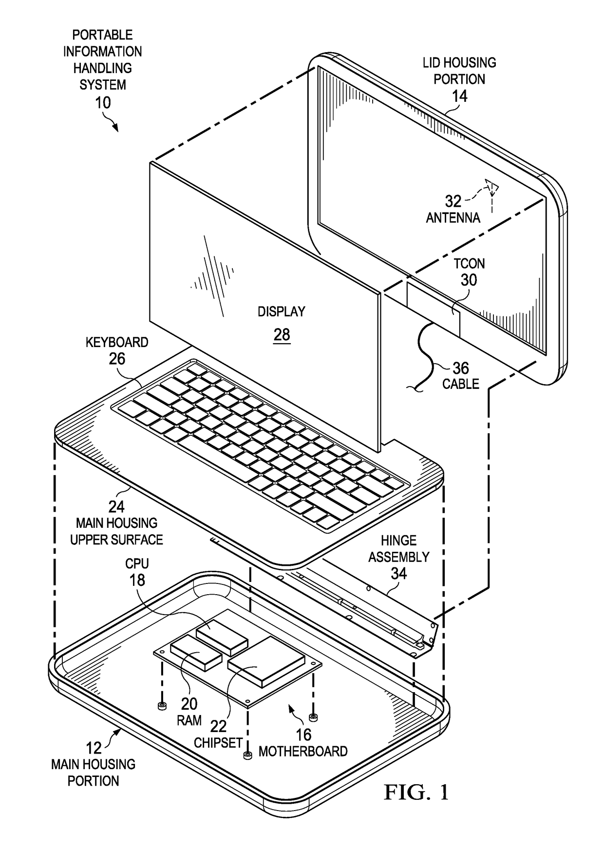 Information handling system low profile housing and hinge assembly