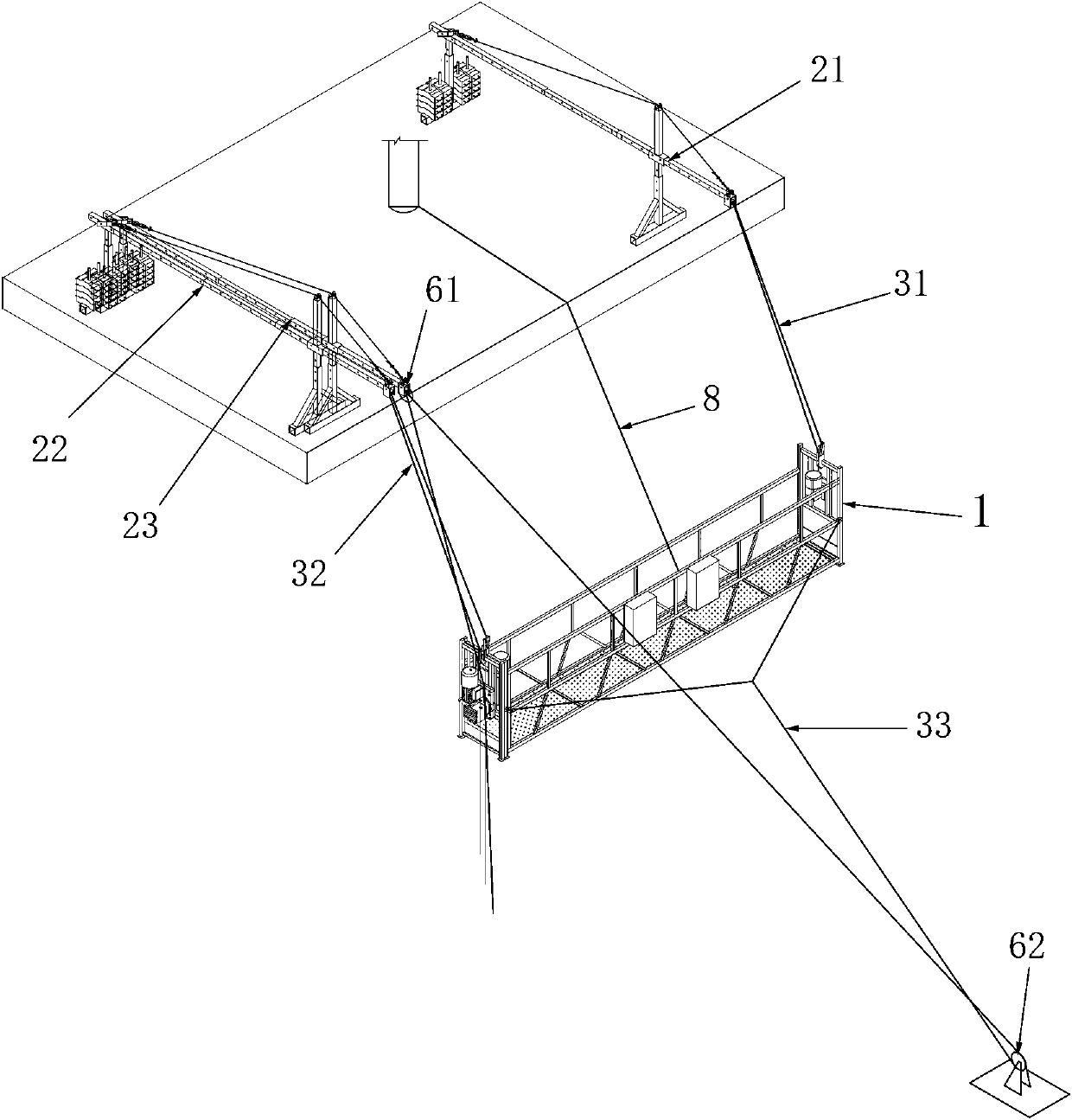 Hanging basket device and construction method for outer slope construction