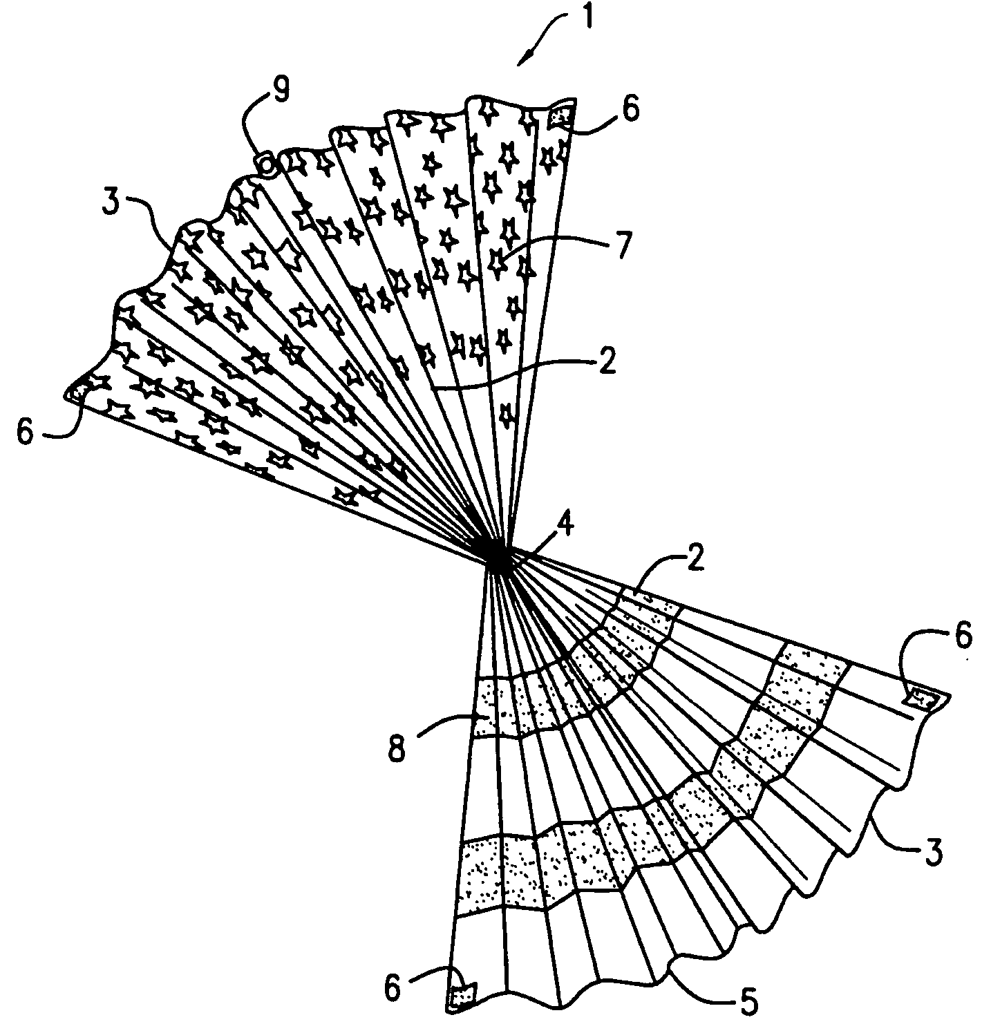 Ornamental bunting secured at a center portion thereof