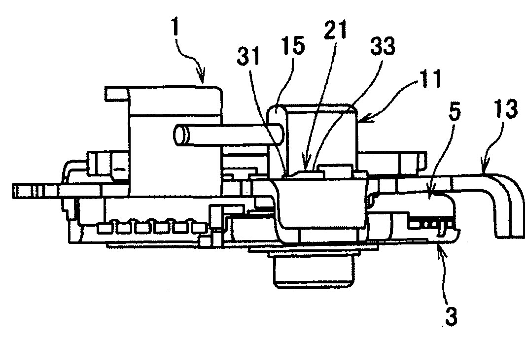 Caulking coupling device, switch and transmission switch