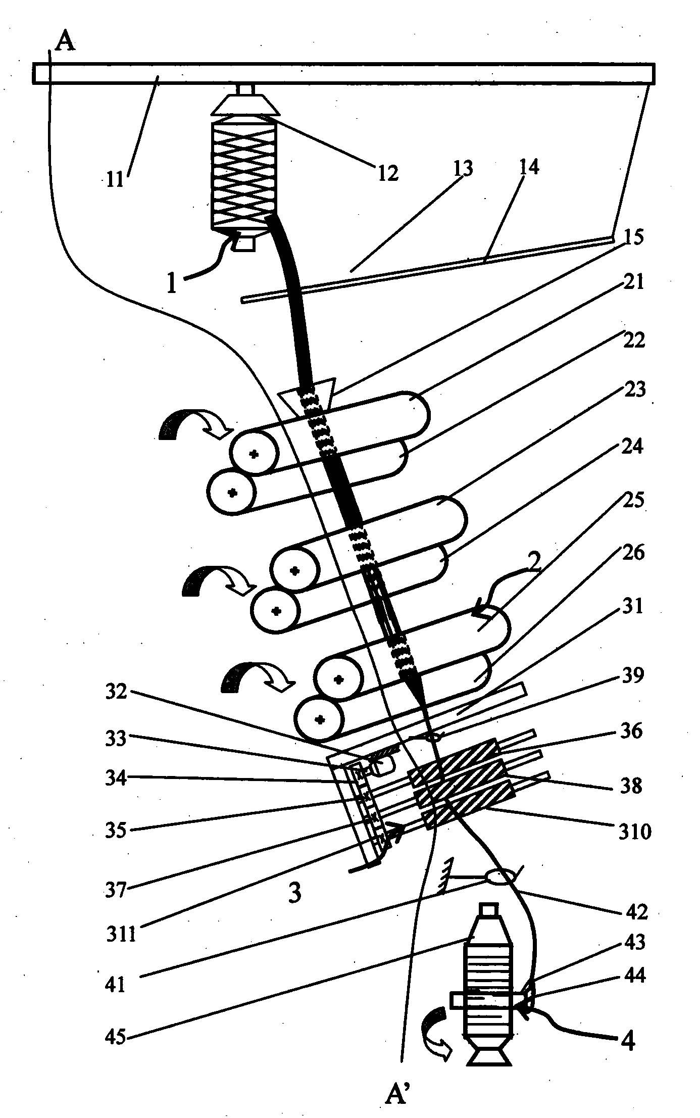 Three-point mutual wrapping and winding type spun yarn evening and ordering device and method