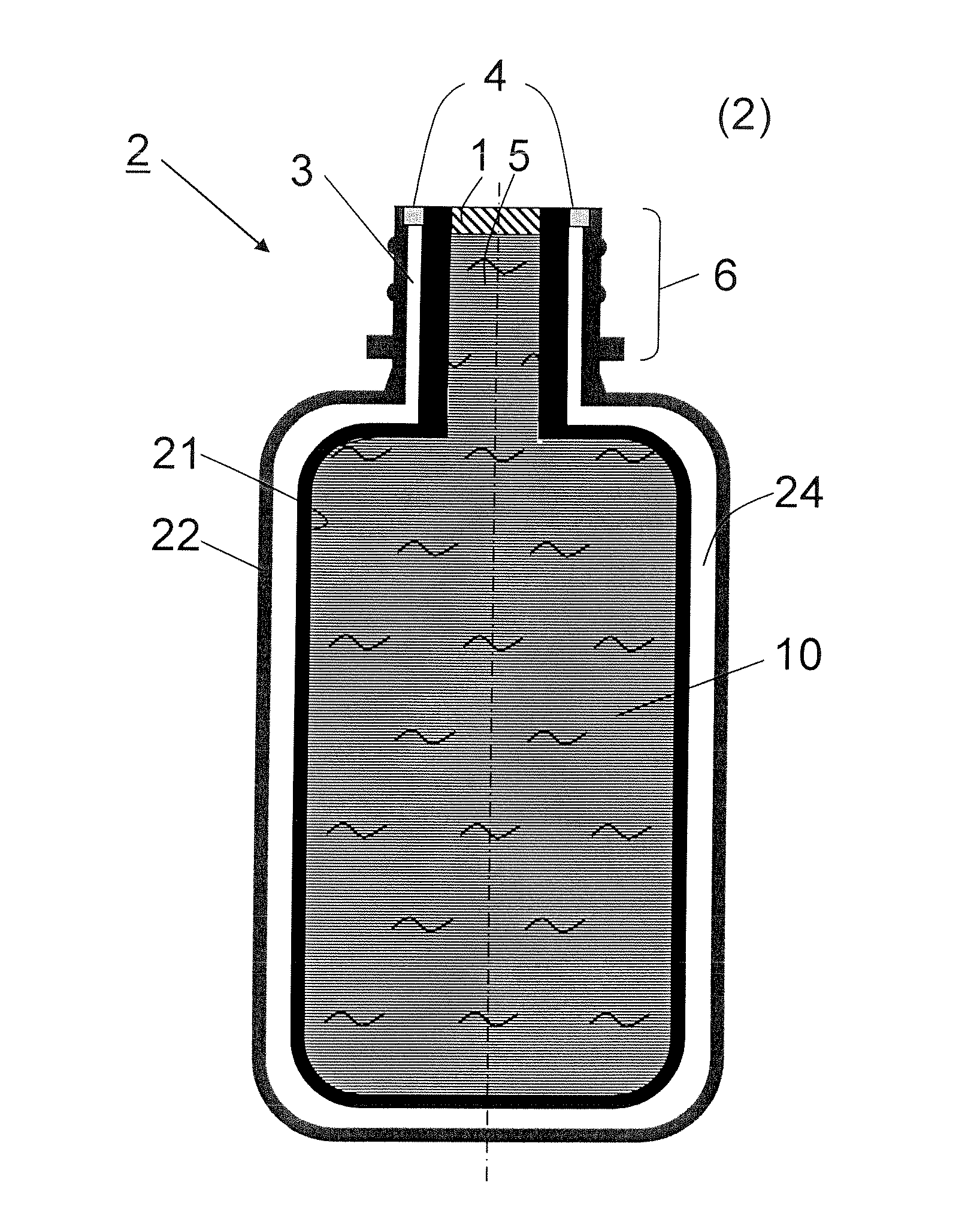Bag-in-container with prepressurized space between inner bag and outer container