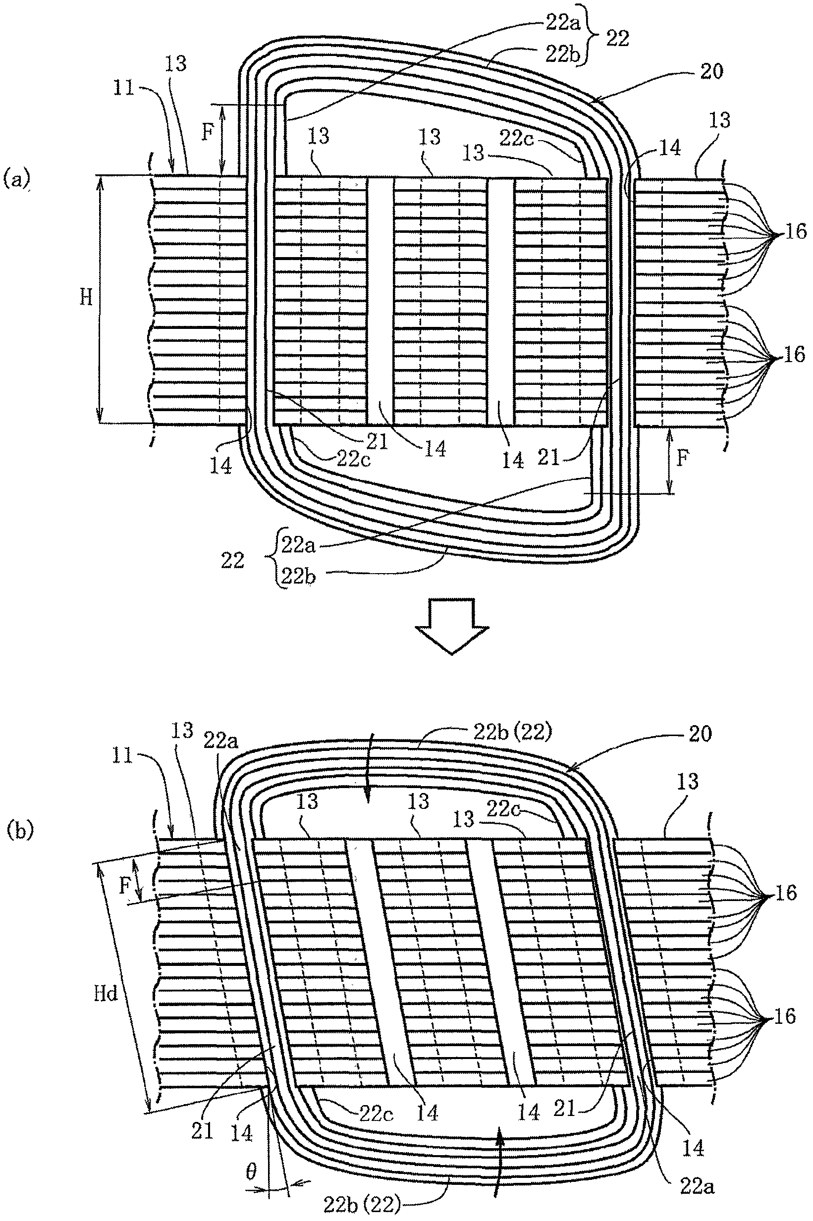 Method and device for manufacturing stator with skewed slots