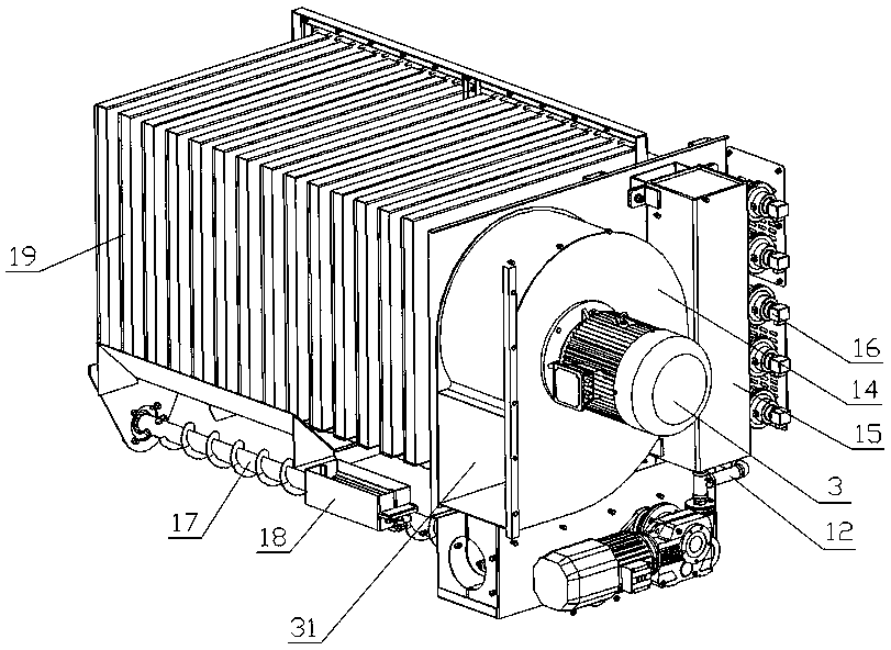 A horizontal flat cloth cylinder dust collector used for dust removal and filtration of grain storage and transportation equipment