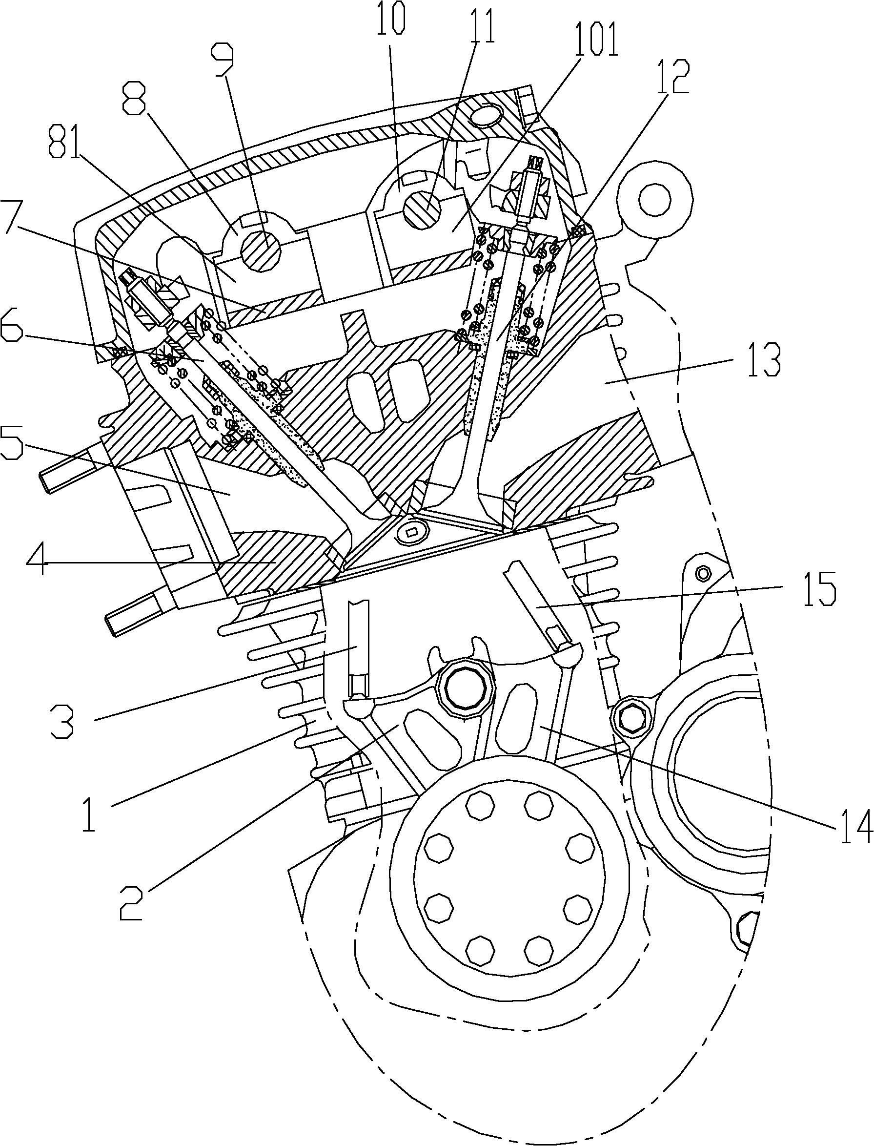 Underneath-camshaft low-noise engine and motorcycle using same