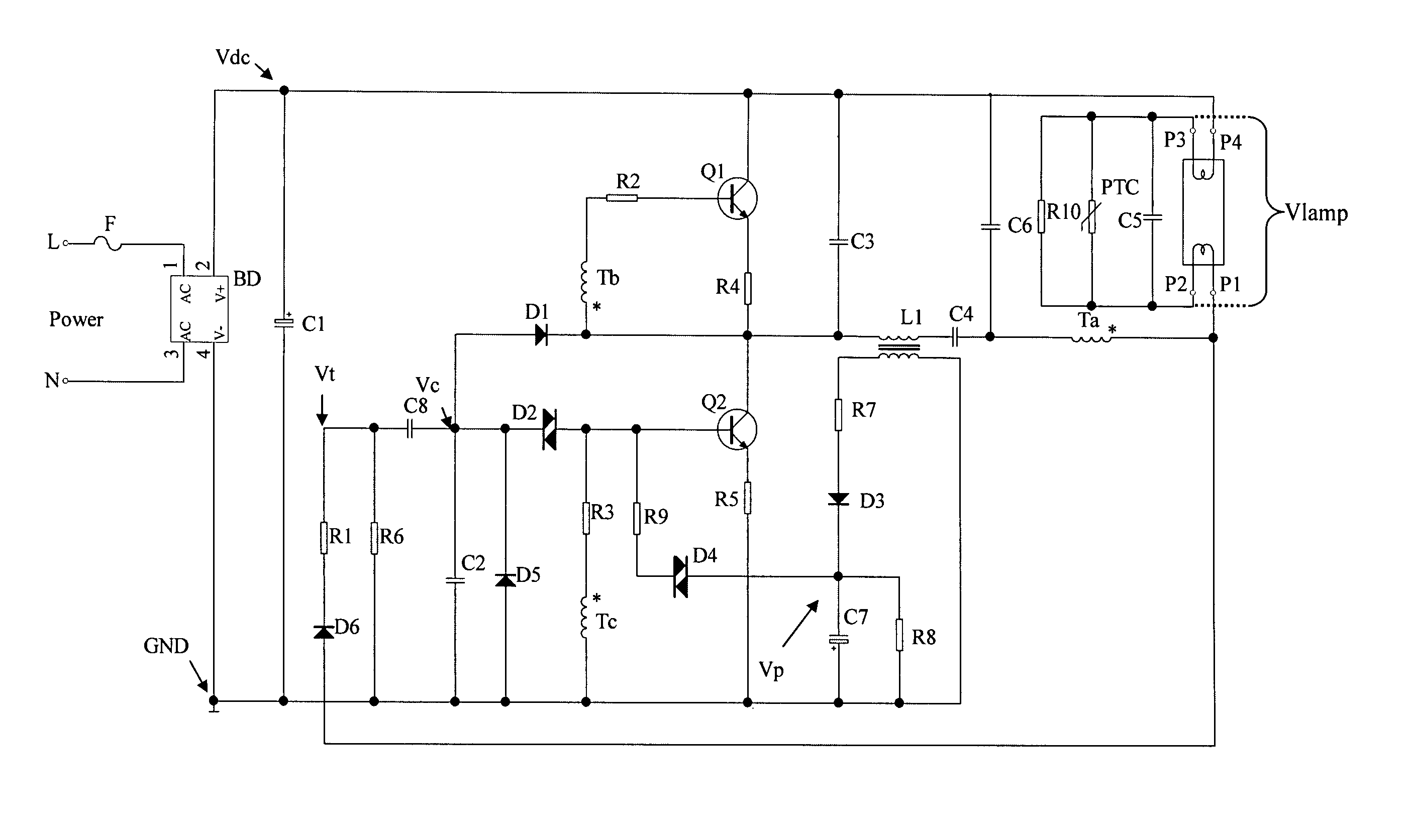 Circuit of the electronic ballast with the capability of automatic restart