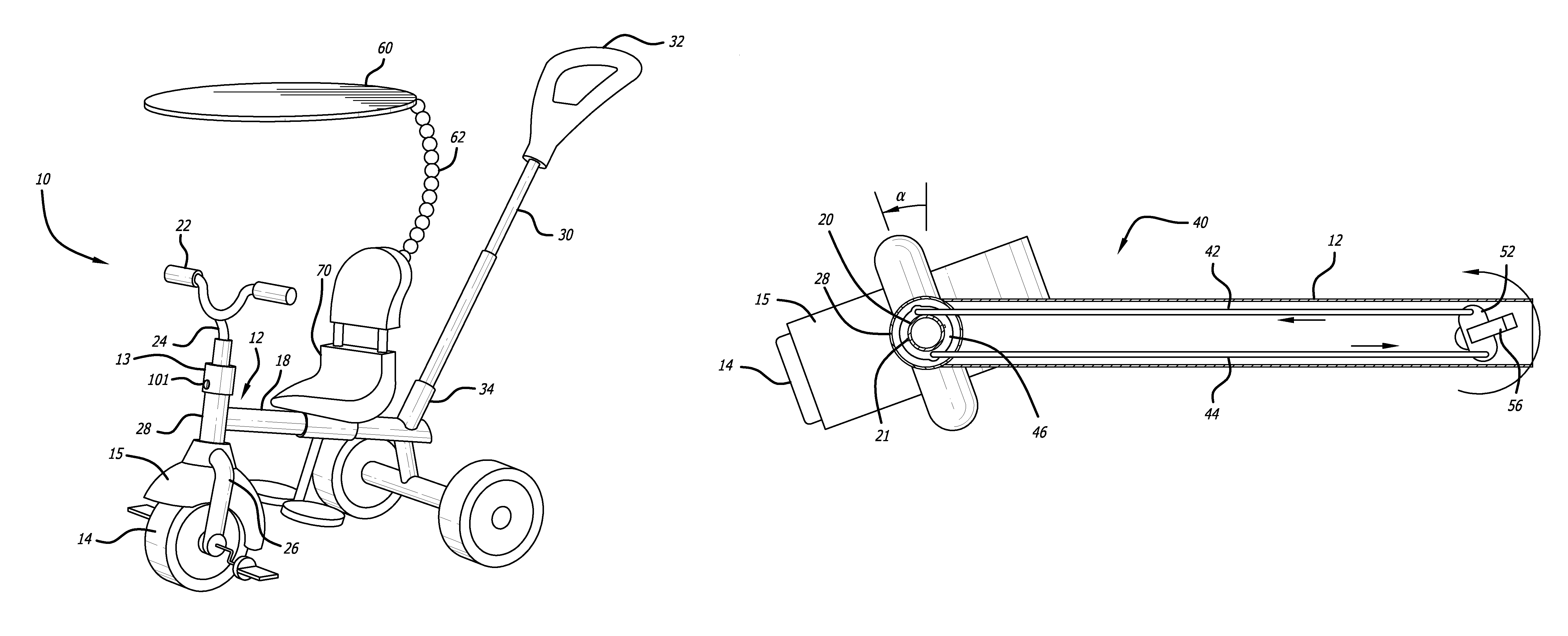 Parent steerable tricycle with internal steering limiter