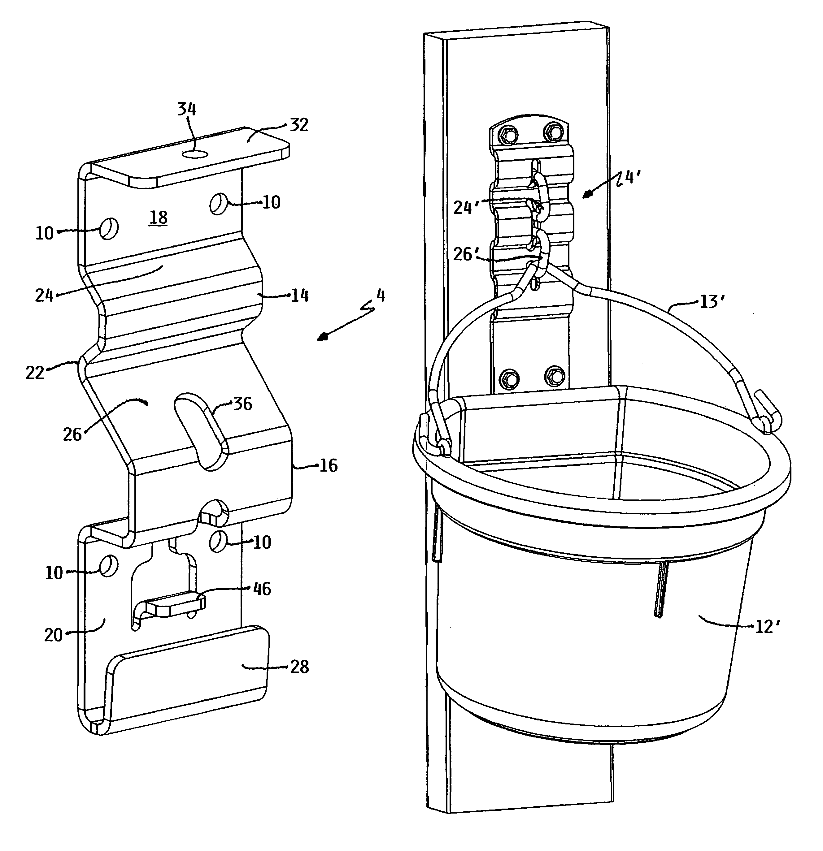 Support bracket for differently sized buckets