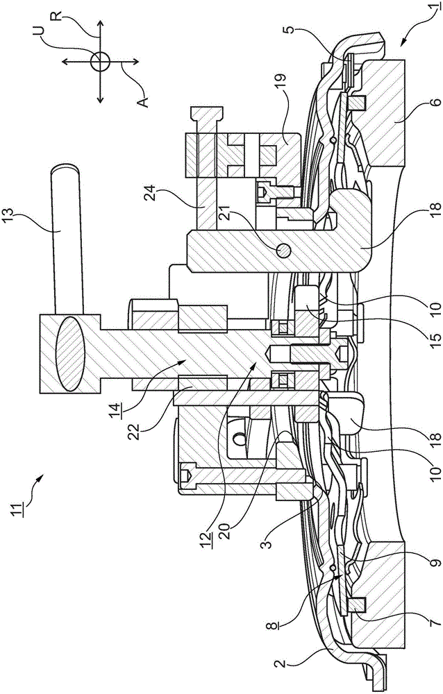 Mounting device and method for the counterforce-free mounting of pressure plate assembly on counterpressure plate, and method for counterforce-free dismounting