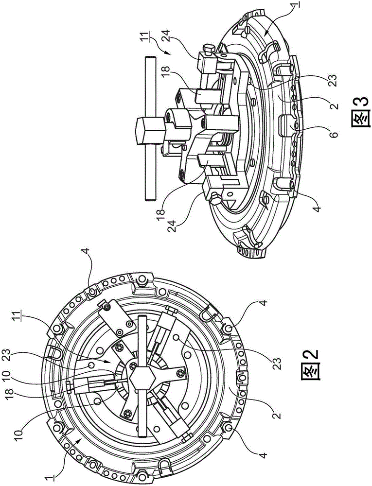 Mounting device and method for the counterforce-free mounting of pressure plate assembly on counterpressure plate, and method for counterforce-free dismounting